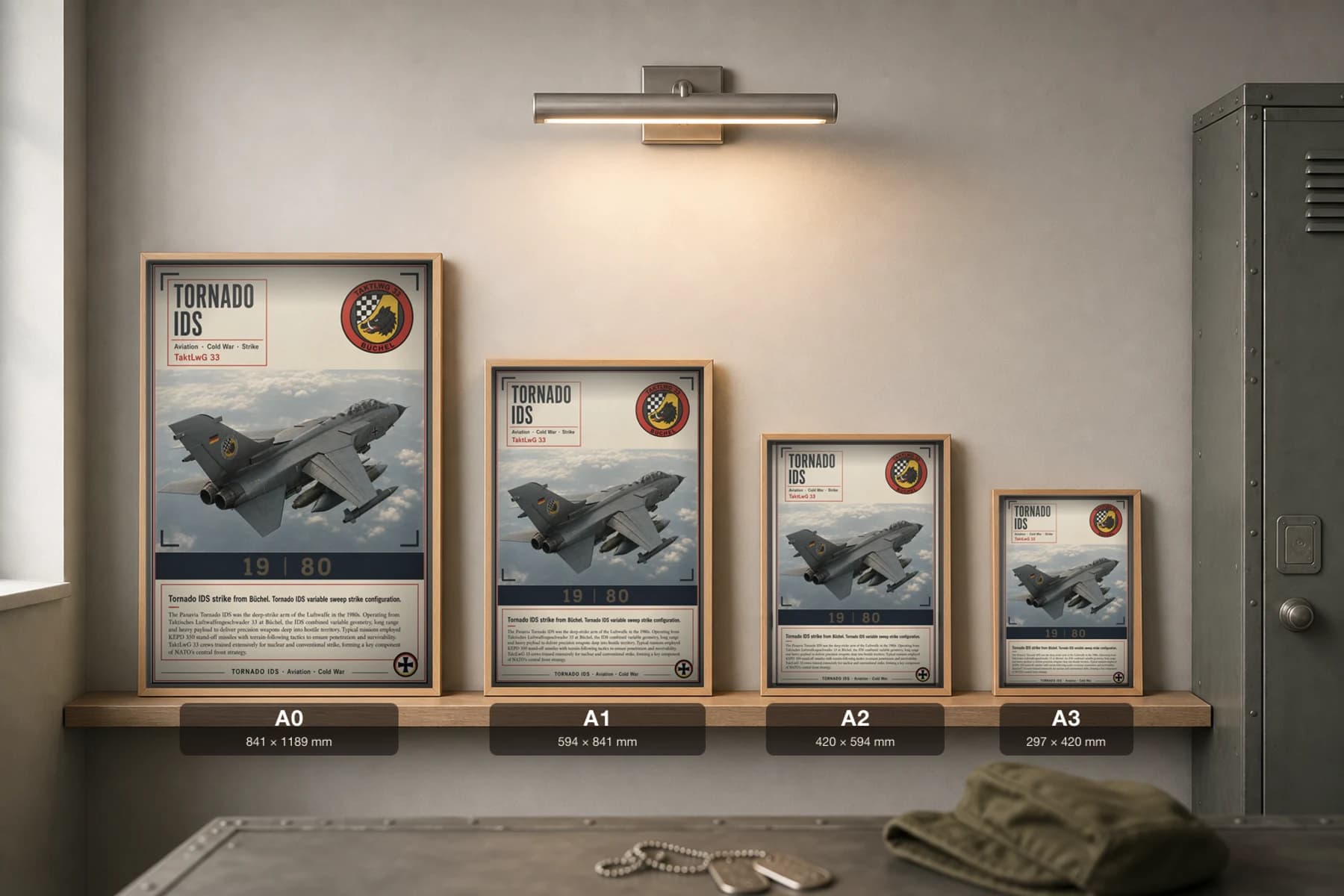 Tornado IDS Poster — TaktLwG 33 military aviation wall art · framed A2 · 1980 — print size guide showing the artwork at A0, A1, A2 and A3 in natural-oak frames at true relative scale