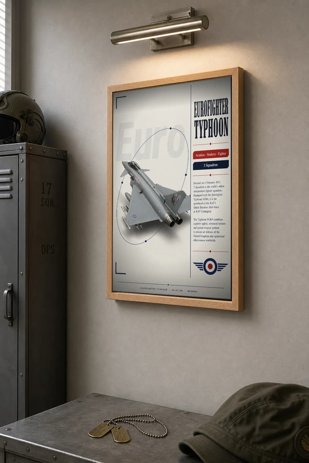 Eurofighter Typhoon Poster — 3 Squadron military aviation wall art · framed A2 · 2007 — the framed print shown at a three-quarter angle on a styled gallery wall in a natural-oak frame
