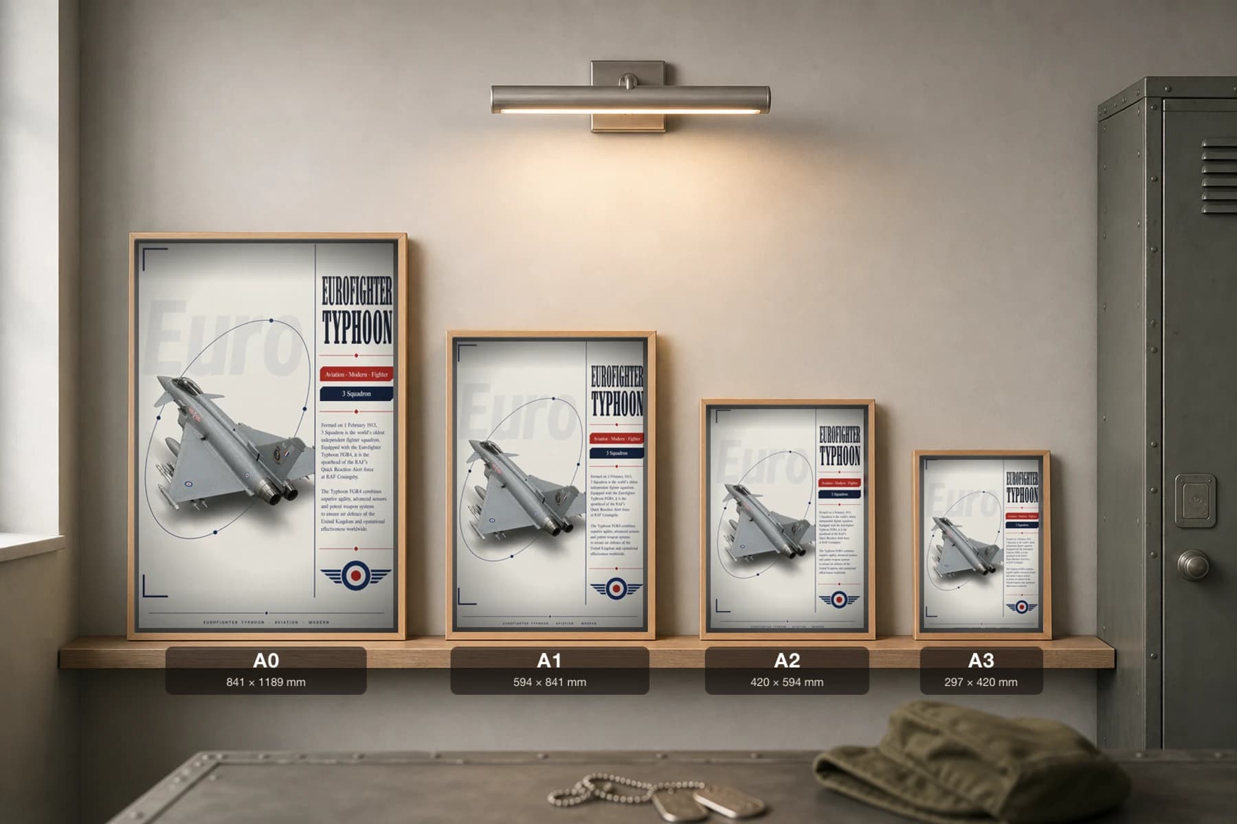 Eurofighter Typhoon Poster — 3 Squadron military aviation wall art · framed A2 · 2007 — print size guide showing the artwork at A0, A1, A2 and A3 in natural-oak frames at true relative scale