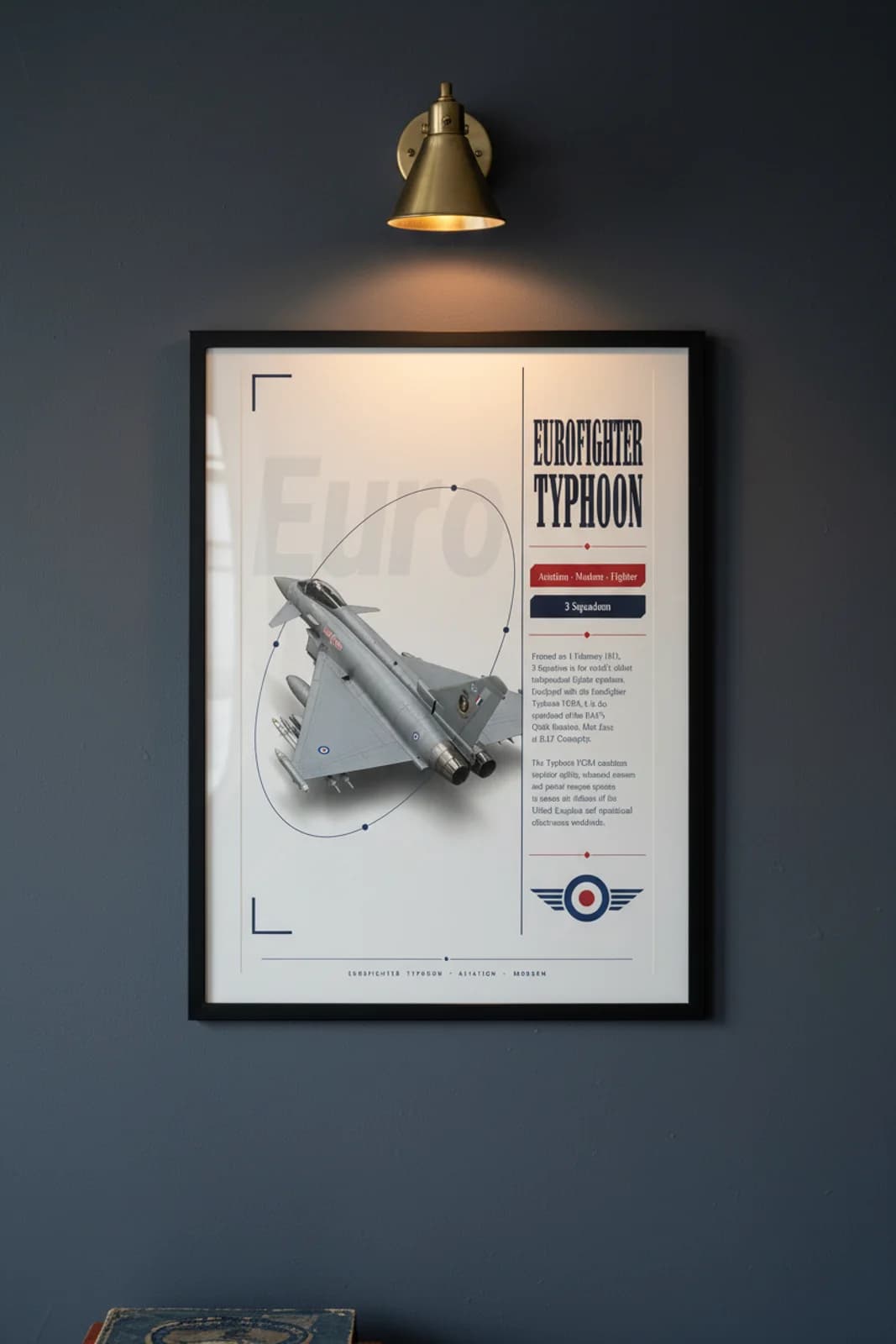 Eurofighter Typhoon aviation poster in black A2 frame on raf-grey navy hangar wall — Aviation Heroes mockup