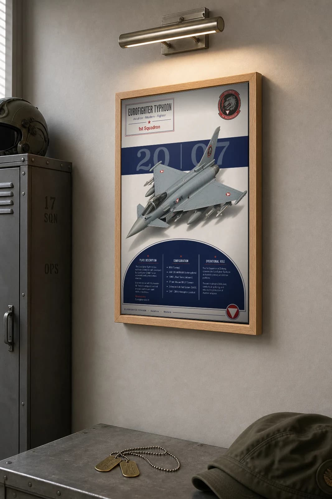 Eurofighter Typhoon Poster — 1st Squadron military aviation wall art · framed A2 · 2007 — the framed print shown at a three-quarter angle on a styled gallery wall in a natural-oak frame