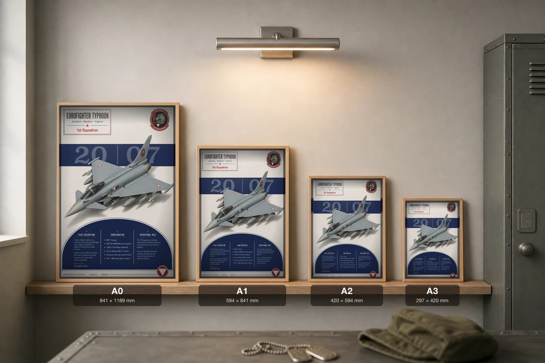 Eurofighter Typhoon Poster — 1st Squadron military aviation wall art · framed A2 · 2007 — print size guide showing the artwork at A0, A1, A2 and A3 in natural-oak frames at true relative scale