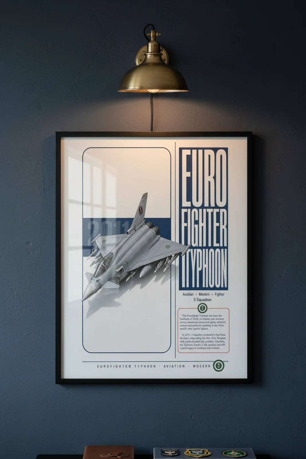 Eurofighter Typhoon aviation poster in black A2 frame on rsaf-desert-grey navy hangar wall — Aviation Heroes mockup