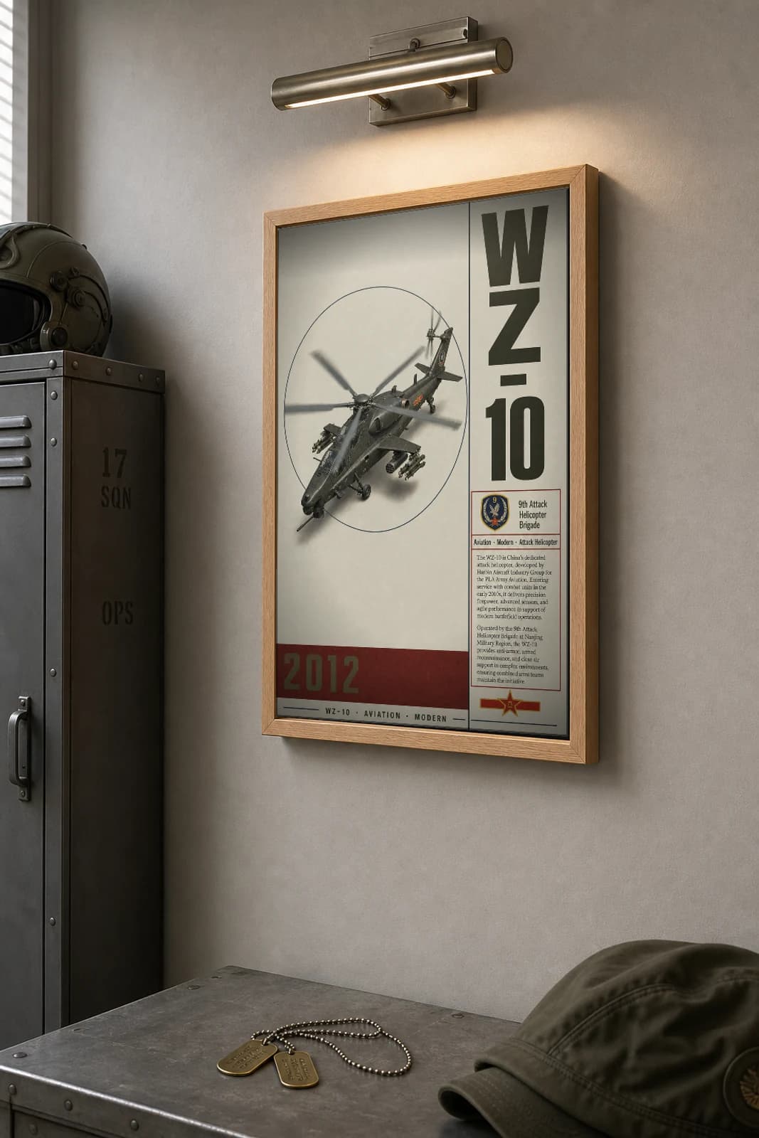 WZ-10 Poster — 9th Attack Helicopter Brigade military aviation wall art · framed A2 · 2012 — the framed print shown at a three-quarter angle on a styled gallery wall in a natural-oak frame