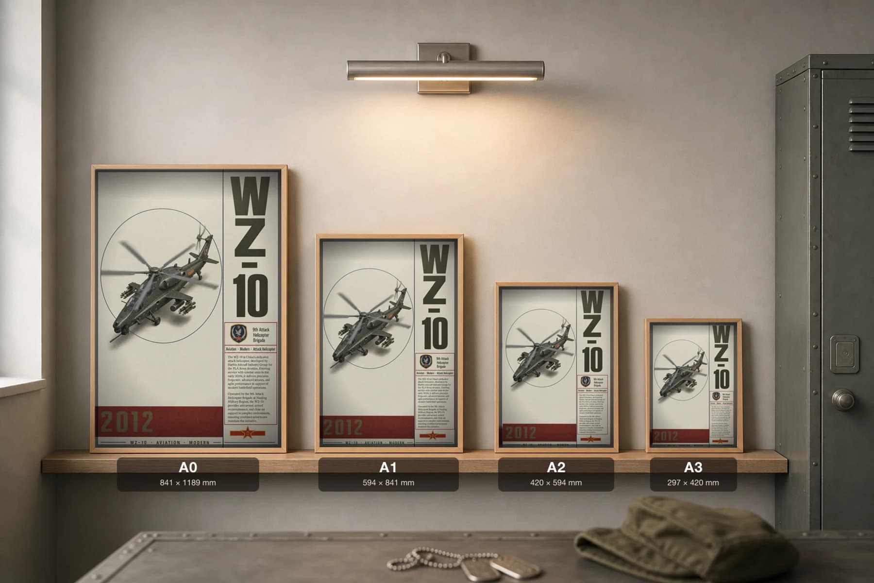 WZ-10 Poster — 9th Attack Helicopter Brigade military aviation wall art · framed A2 · 2012 — print size guide showing the artwork at A0, A1, A2 and A3 in natural-oak frames at true relative scale