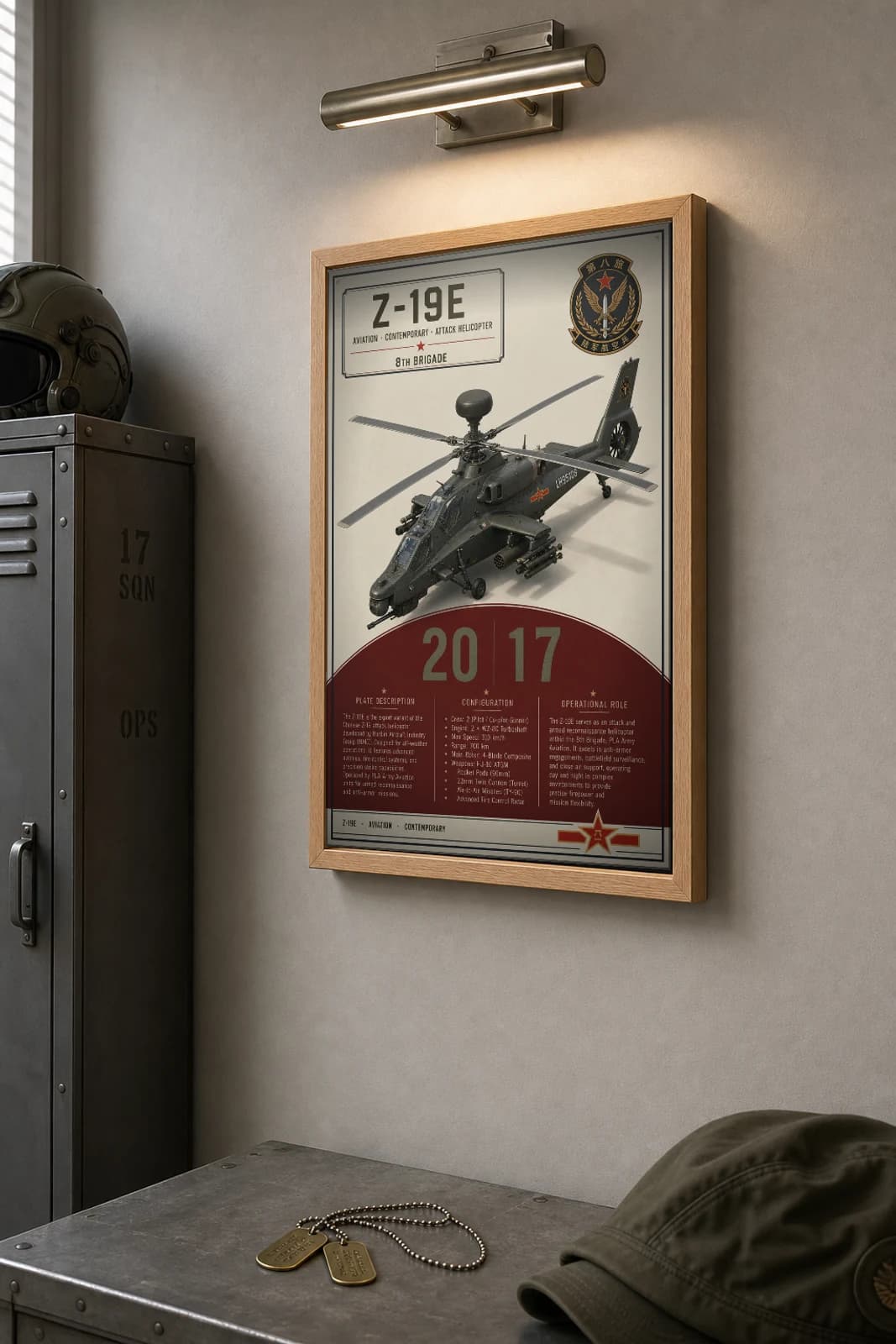 Z-19E Poster — 8th Brigade military aviation wall art · framed A2 · 2017 — the framed print shown at a three-quarter angle on a styled gallery wall in a natural-oak frame
