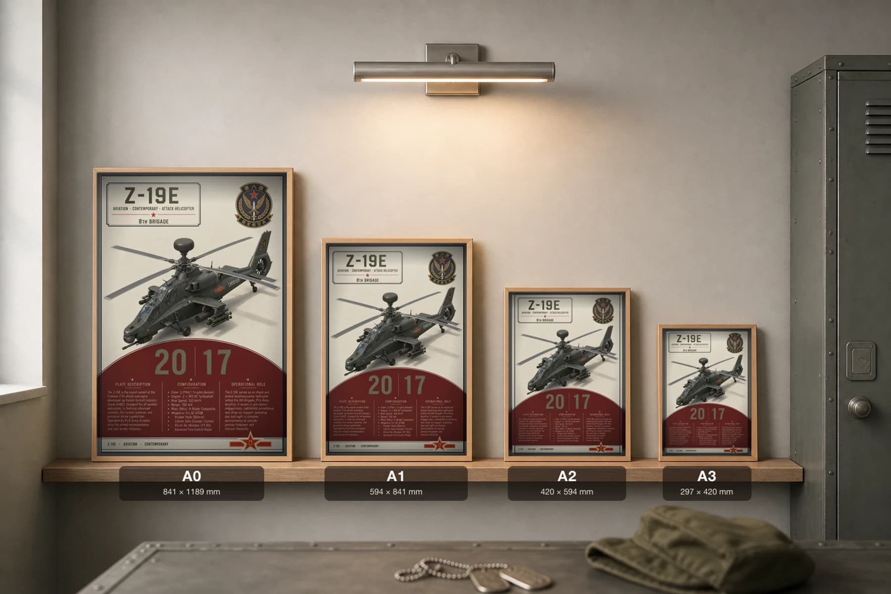 Z-19E Poster — 8th Brigade military aviation wall art · framed A2 · 2017 — print size guide showing the artwork at A0, A1, A2 and A3 in natural-oak frames at true relative scale