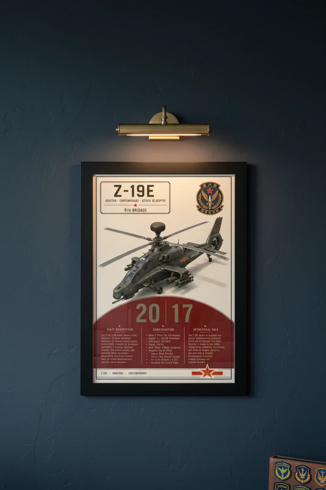 Z-19E aviation poster in black A2 frame on warm-parchment navy hangar wall — Aviation Heroes mockup