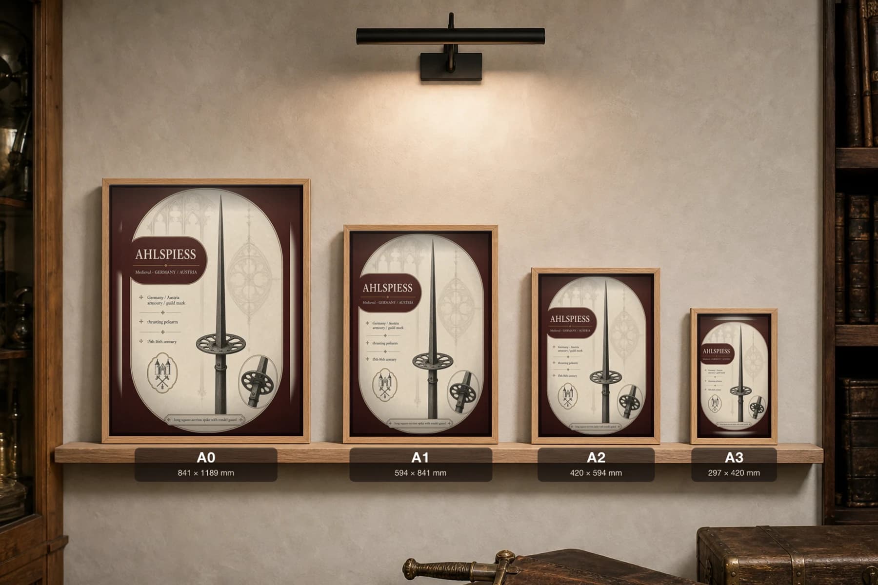 Ahlspiess Poster — Medieval Armoury Specimen Print · framed A2 — print size guide showing the artwork at A0, A1, A2 and A3 in natural-oak frames at true relative scale