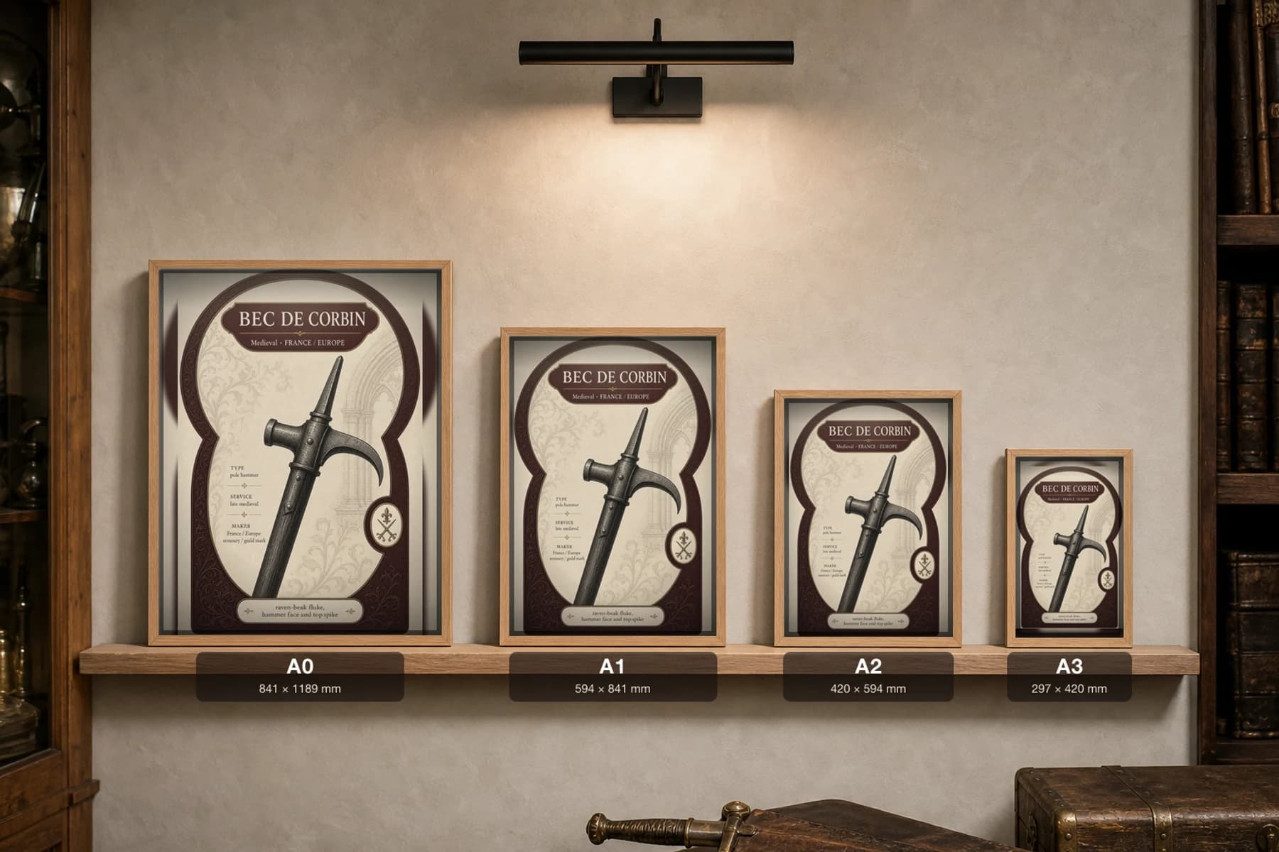 Bec de Corbin Poster — Medieval Armoury Specimen Print · framed A2 — print size guide showing the artwork at A0, A1, A2 and A3 in natural-oak frames at true relative scale