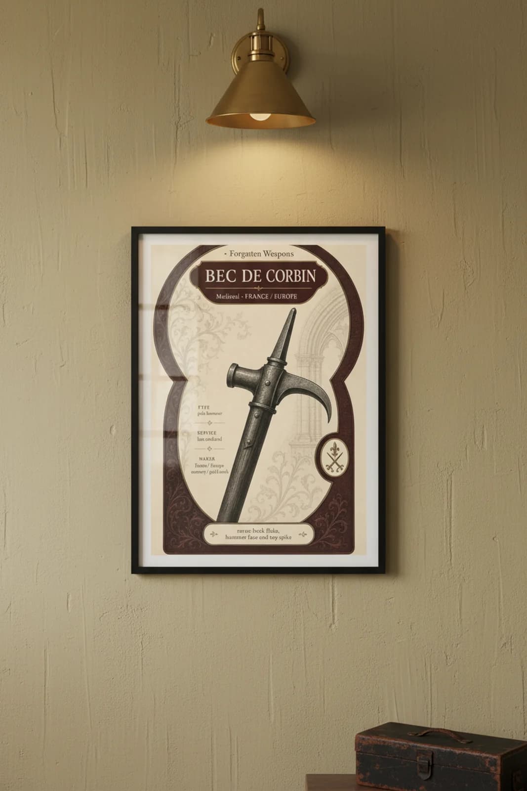 Bec de Corbin — Forgotten Weapons poster in black A2 frame on bec-de-corbin-armoury-wash armoury plaster wall — Forgotten Weapons study mockup