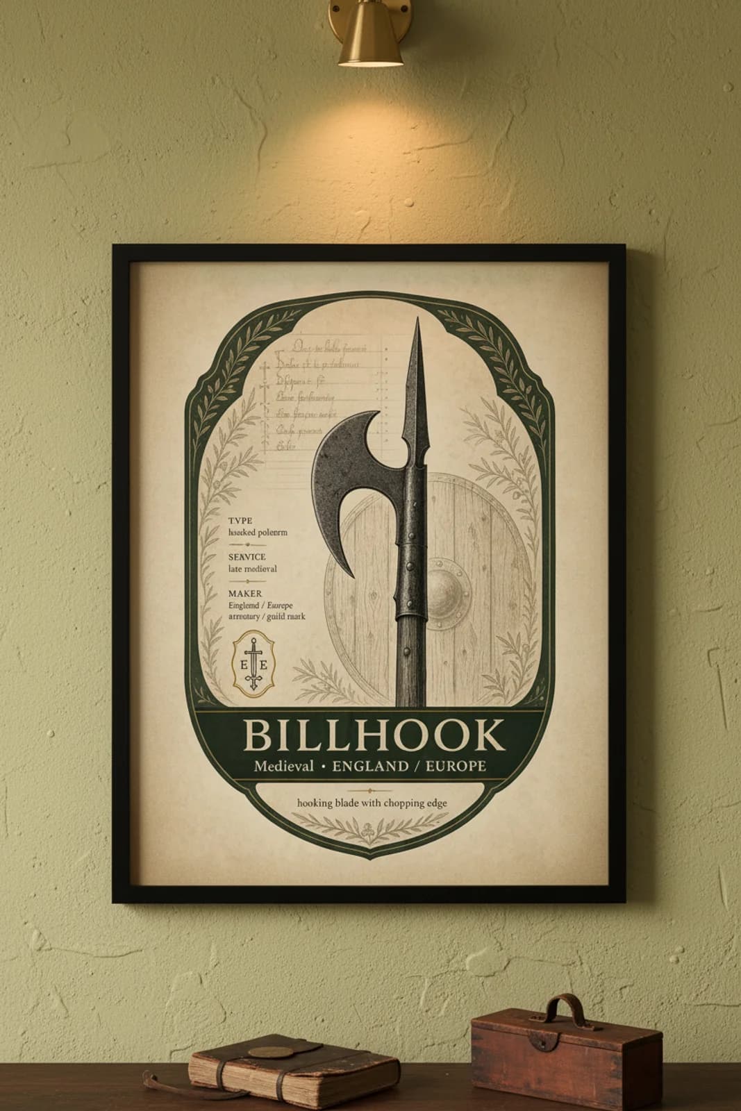Billhook — Forgotten Weapons poster in black A2 frame on billhook-armoury-wash armoury plaster wall — Forgotten Weapons study mockup