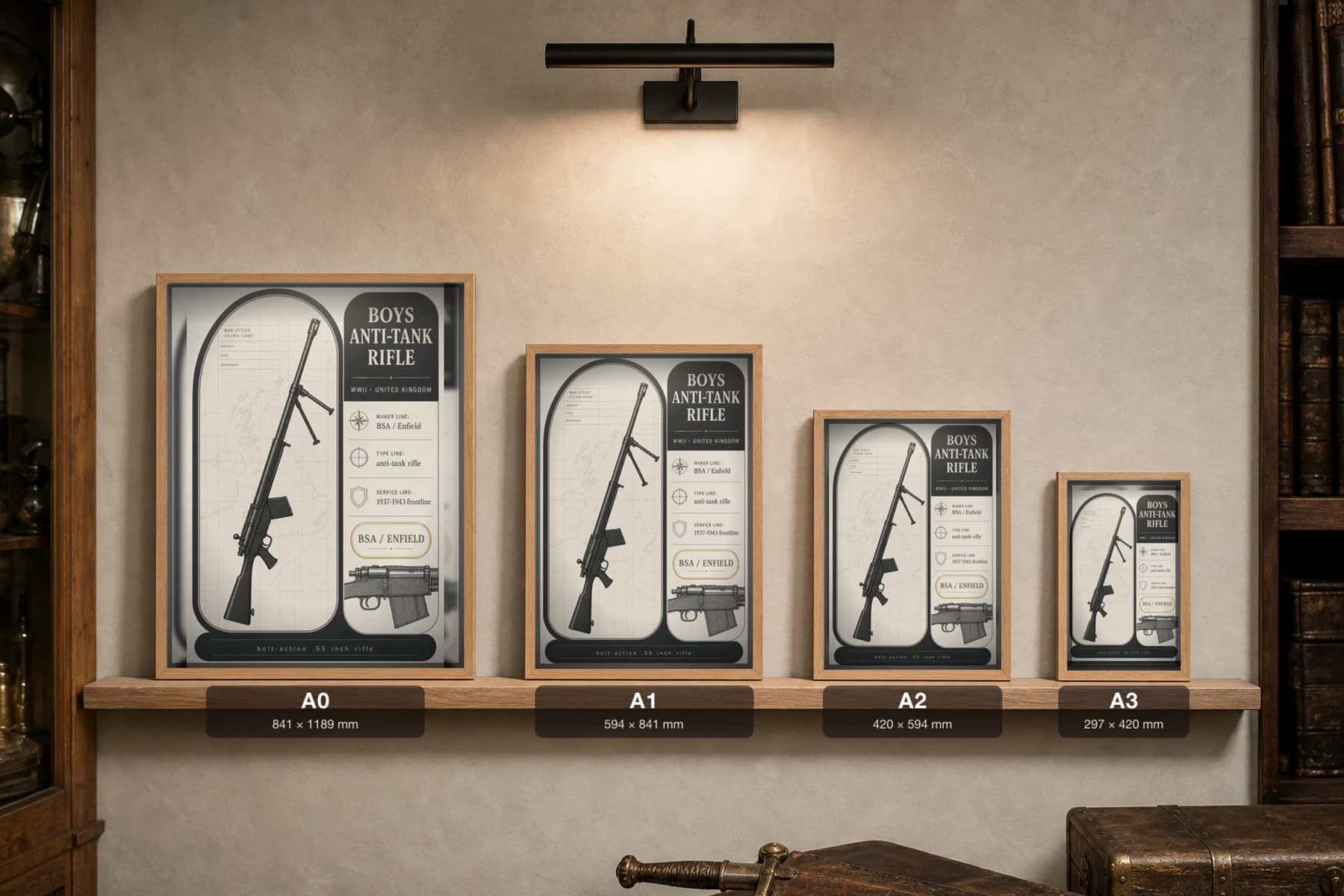 Boys Anti-Tank Rifle Poster — WWII Armoury Specimen Print · framed A2 — print size guide showing the artwork at A0, A1, A2 and A3 in natural-oak frames at true relative scale