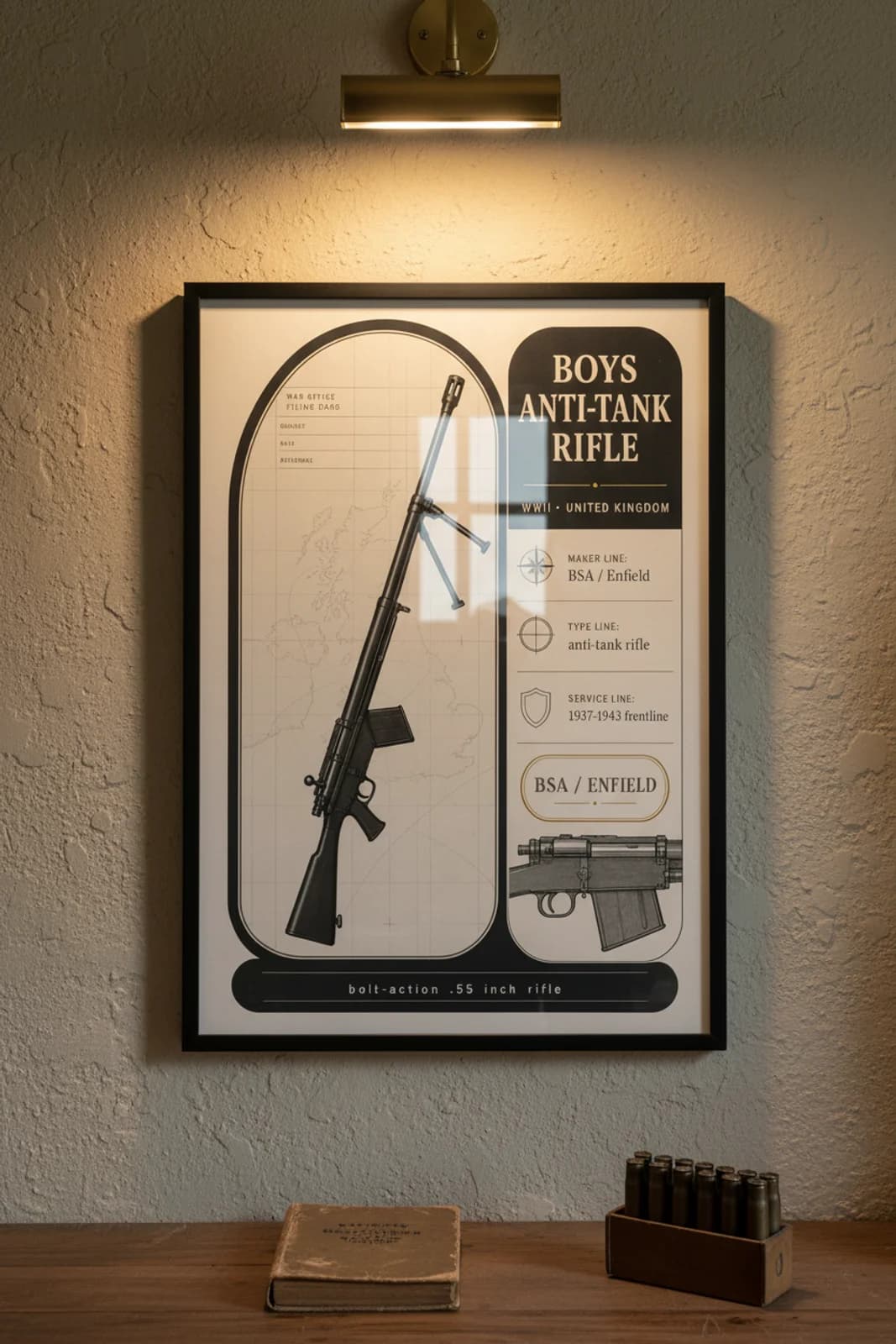 Boys Anti-Tank Rifle — Forgotten Weapons poster in black A2 frame on boys-anti-tank-rifle-armoury-wash armoury plaster wall — Forgotten Weapons study mockup