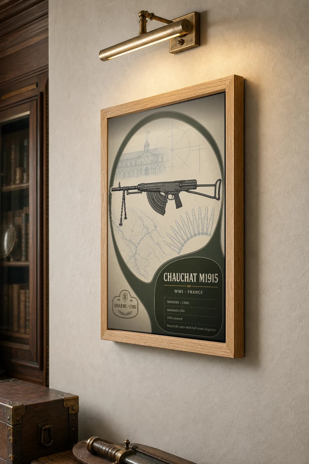 Chauchat M1915 Poster — WWI Armoury Specimen Print · framed A2 — the framed print shown at a three-quarter angle on a styled gallery wall in a natural-oak frame