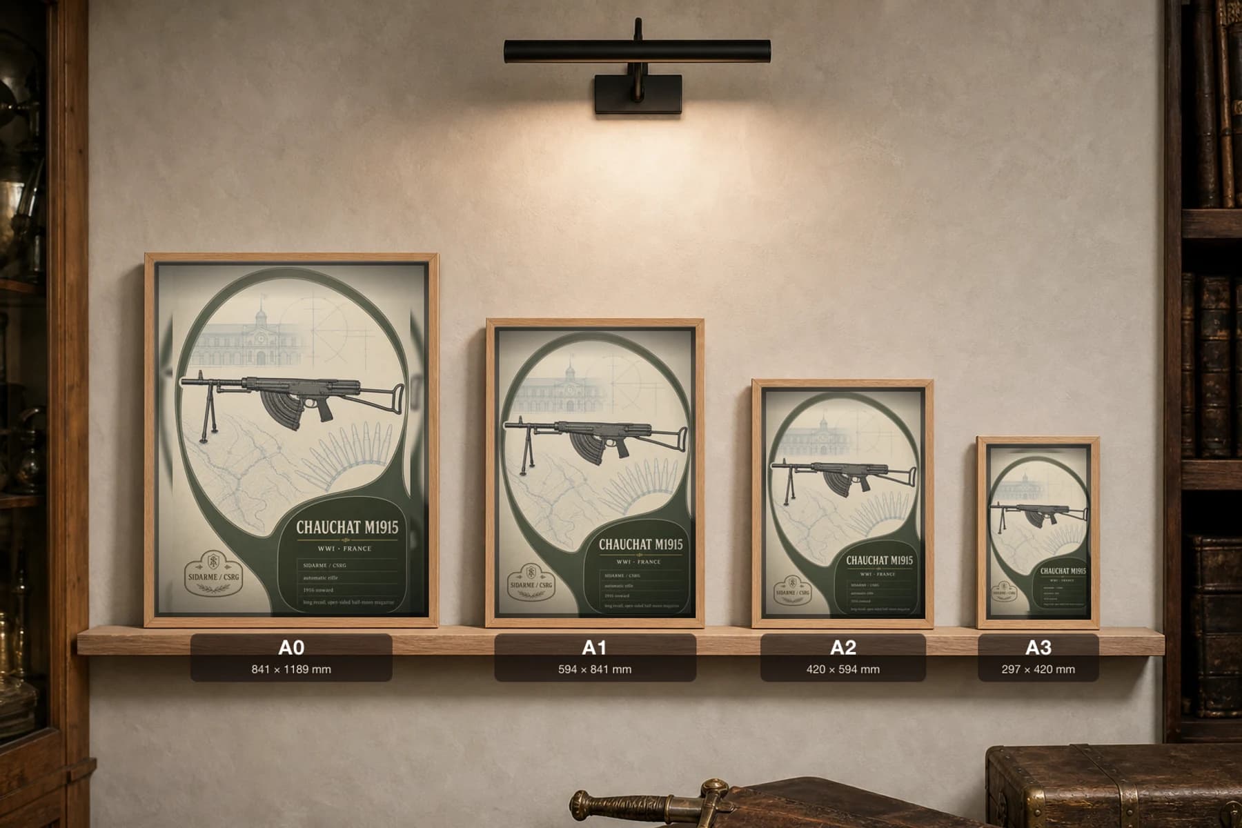 Chauchat M1915 Poster — WWI Armoury Specimen Print · framed A2 — print size guide showing the artwork at A0, A1, A2 and A3 in natural-oak frames at true relative scale