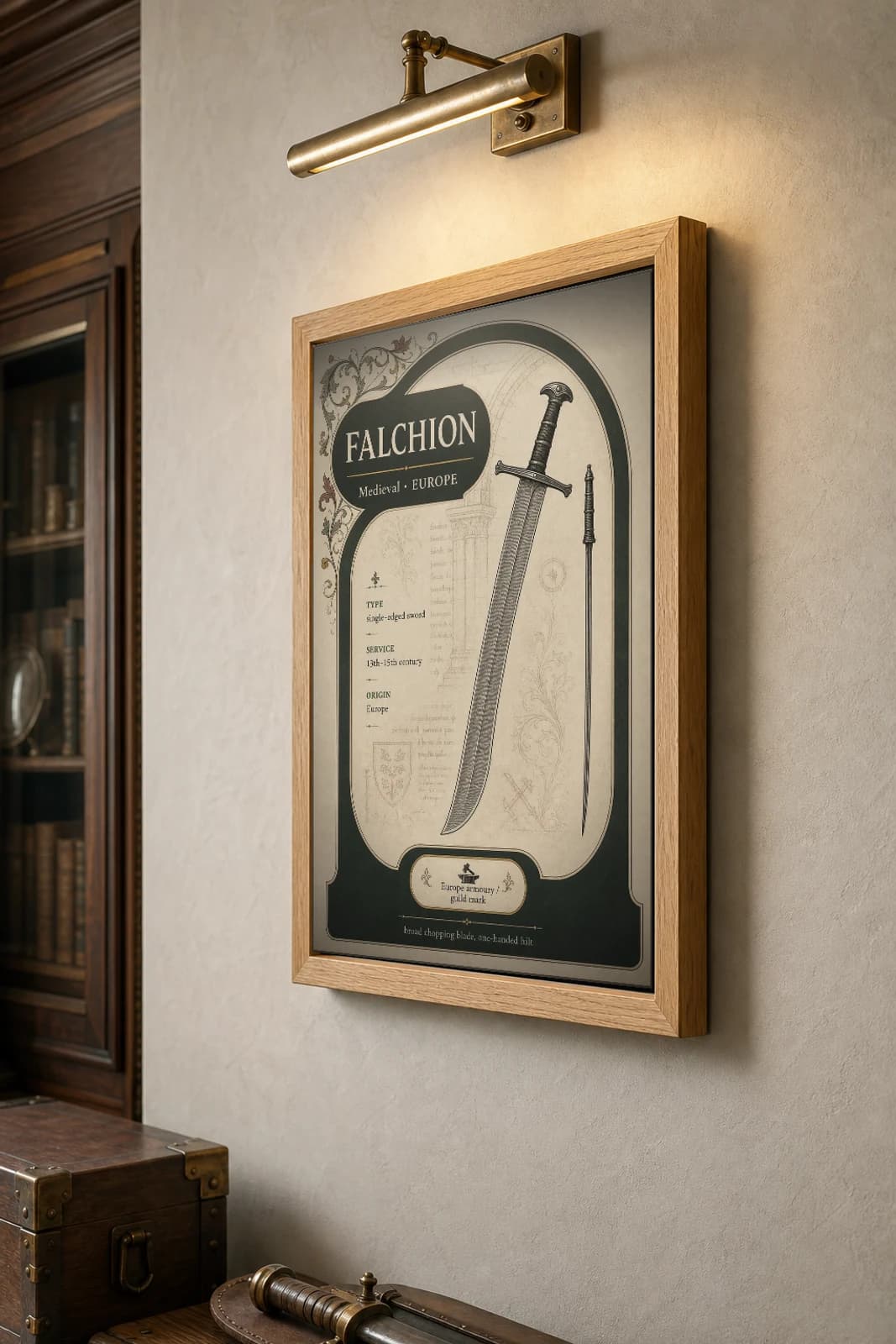 Falchion Poster — Medieval Armoury Specimen Print · framed A2 — the framed print shown at a three-quarter angle on a styled gallery wall in a natural-oak frame