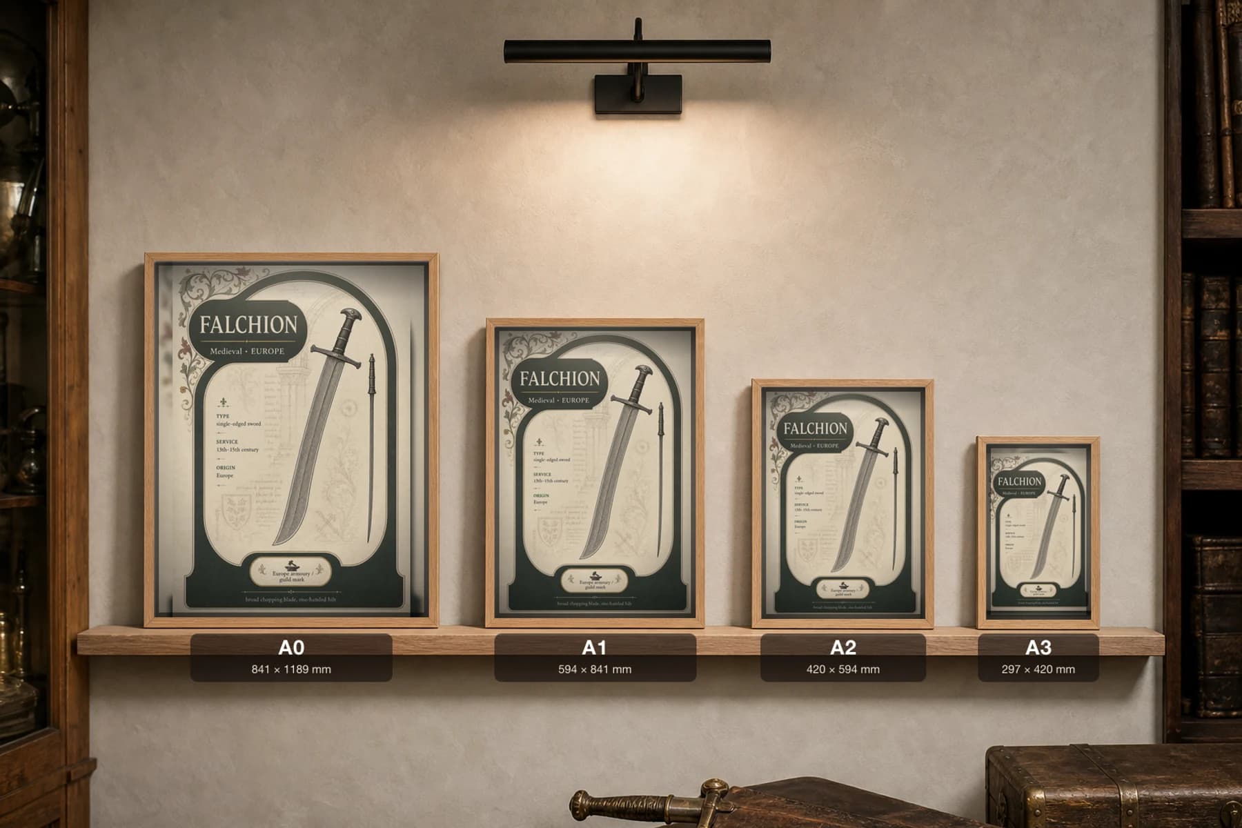 Falchion Poster — Medieval Armoury Specimen Print · framed A2 — print size guide showing the artwork at A0, A1, A2 and A3 in natural-oak frames at true relative scale