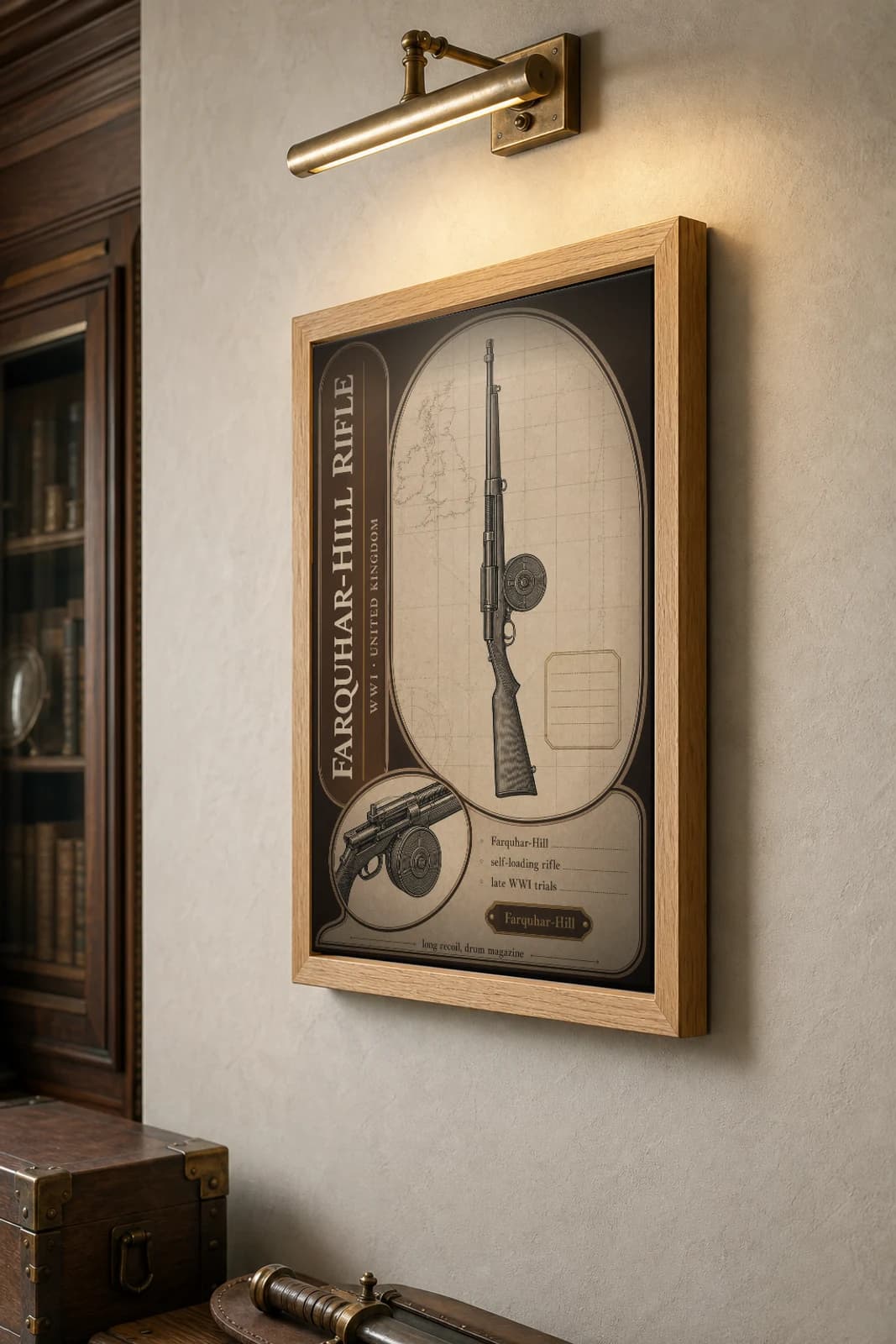 Farquhar-Hill Rifle Poster — WWI Armoury Specimen Print · framed A2 — the framed print shown at a three-quarter angle on a styled gallery wall in a natural-oak frame