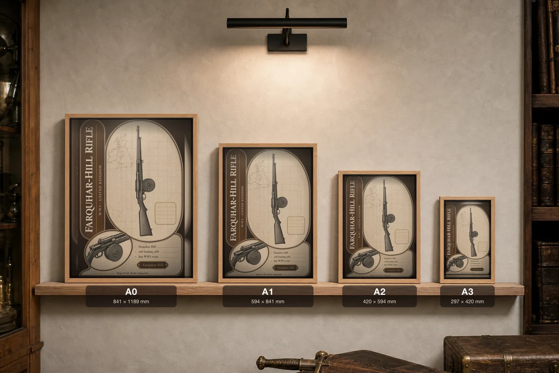 Farquhar-Hill Rifle Poster — WWI Armoury Specimen Print · framed A2 — print size guide showing the artwork at A0, A1, A2 and A3 in natural-oak frames at true relative scale