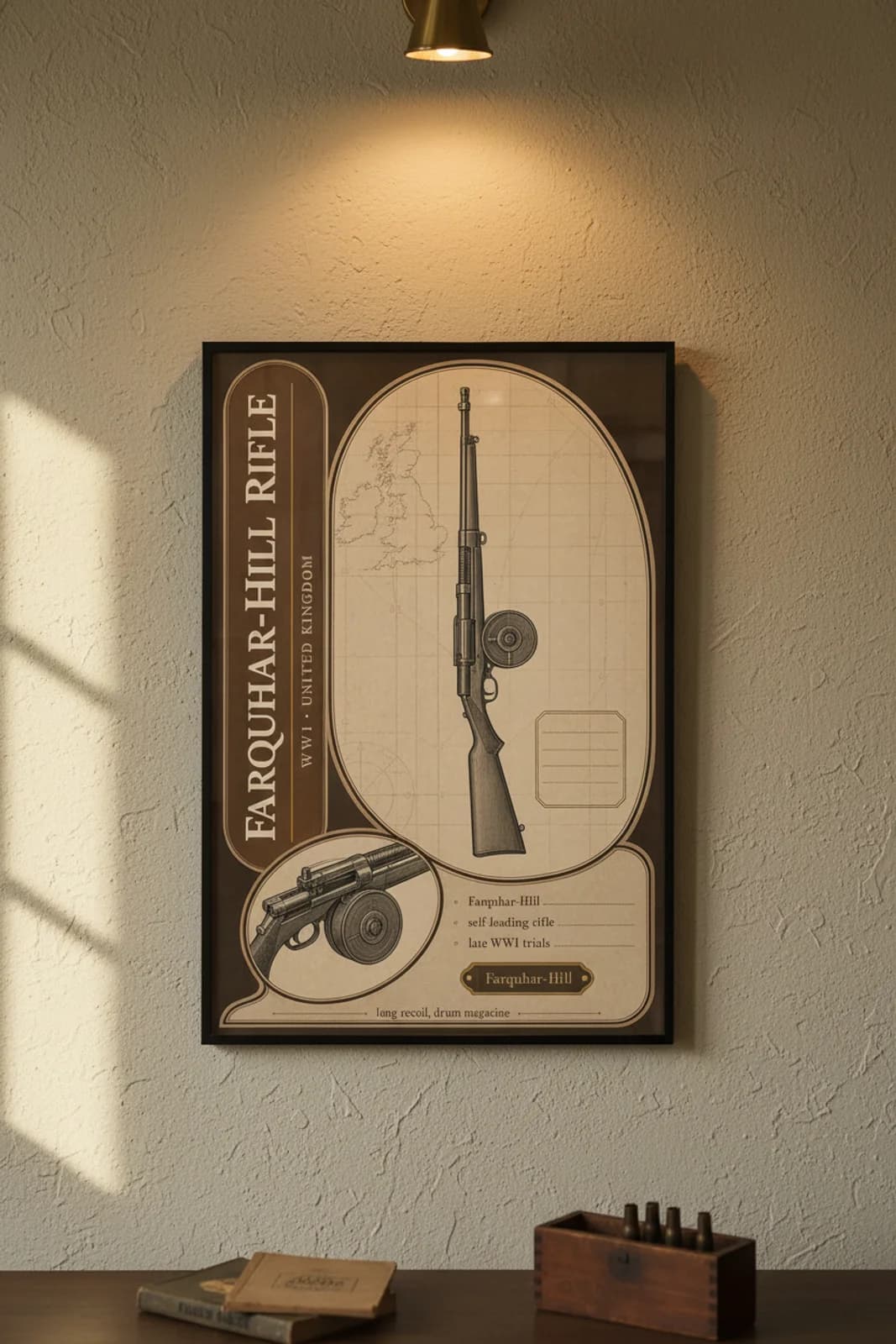 Farquhar-Hill Rifle — Forgotten Weapons poster in black A2 frame on farquhar-hill-rifle-armoury-wash armoury plaster wall — Forgotten Weapons study mockup