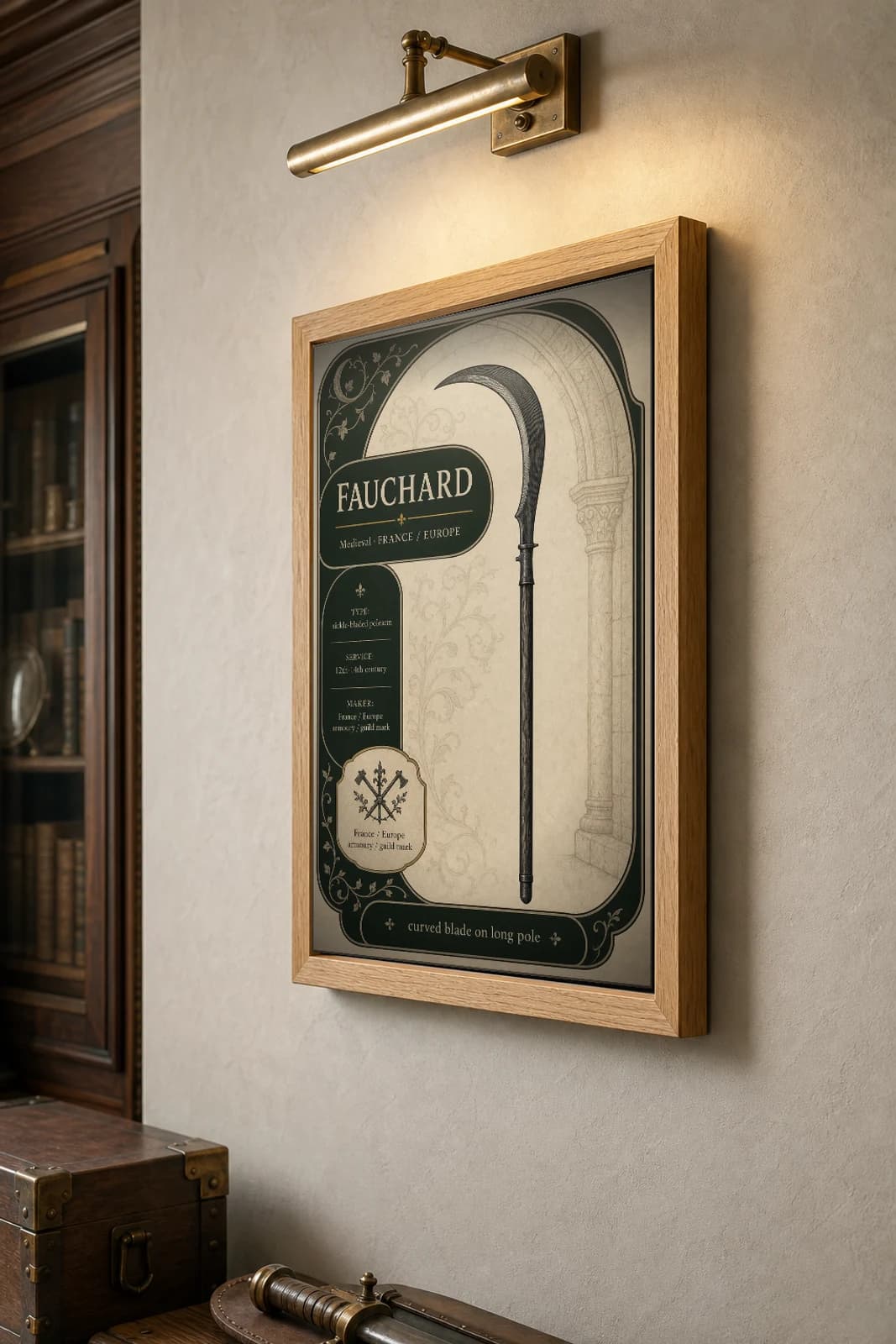 Fauchard Poster — Medieval Armoury Specimen Print · framed A2 — the framed print shown at a three-quarter angle on a styled gallery wall in a natural-oak frame