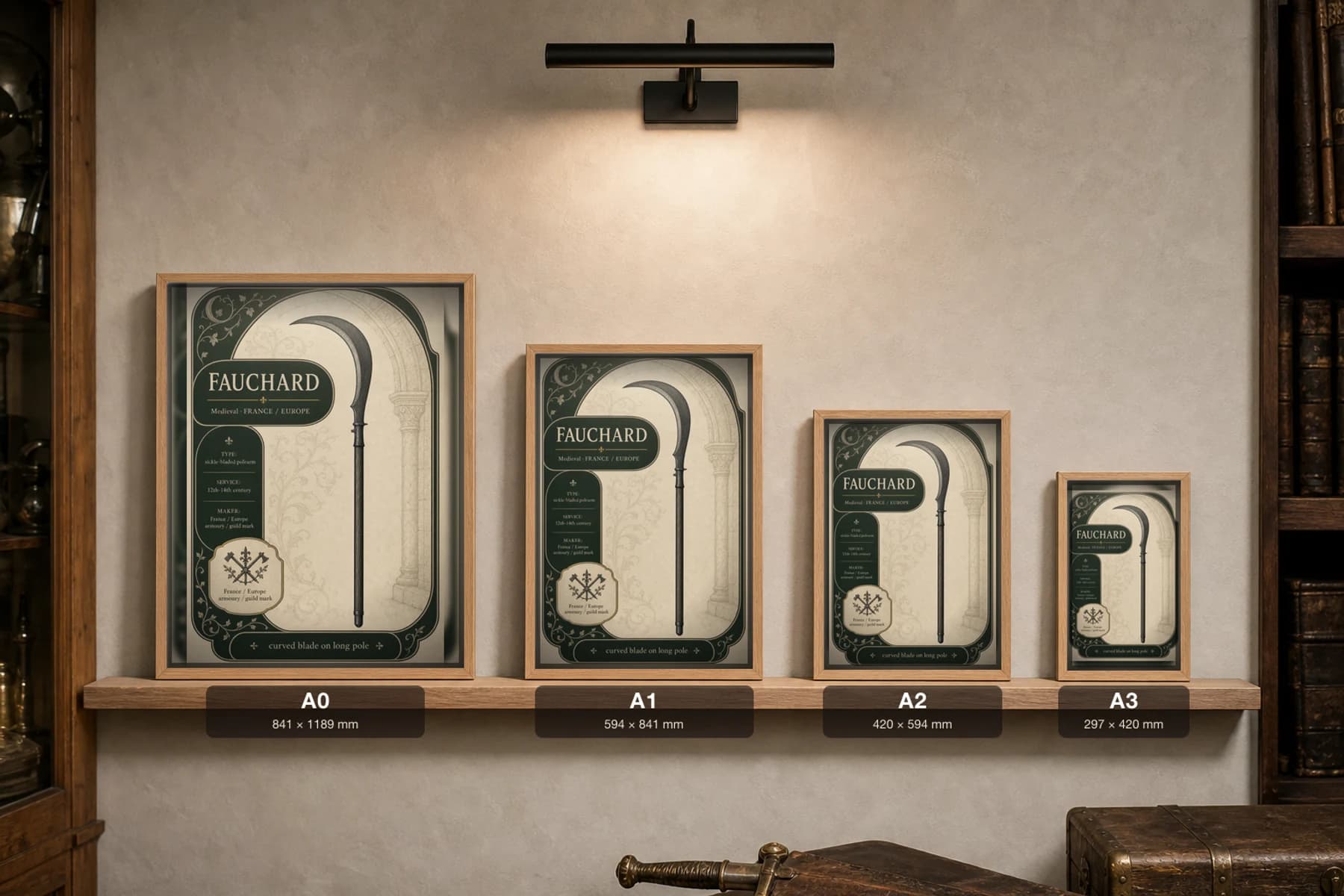 Fauchard Poster — Medieval Armoury Specimen Print · framed A2 — print size guide showing the artwork at A0, A1, A2 and A3 in natural-oak frames at true relative scale