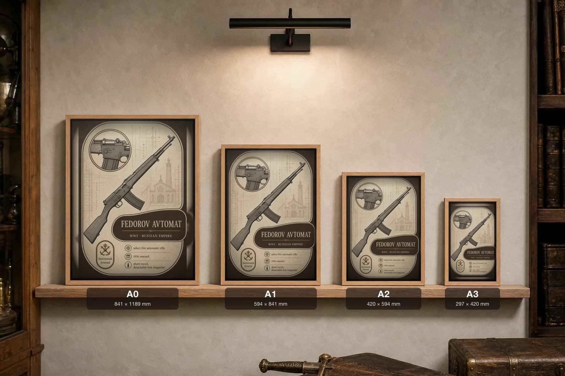 Fedorov Avtomat Poster — WWI Armoury Specimen Print · framed A2 — print size guide showing the artwork at A0, A1, A2 and A3 in natural-oak frames at true relative scale