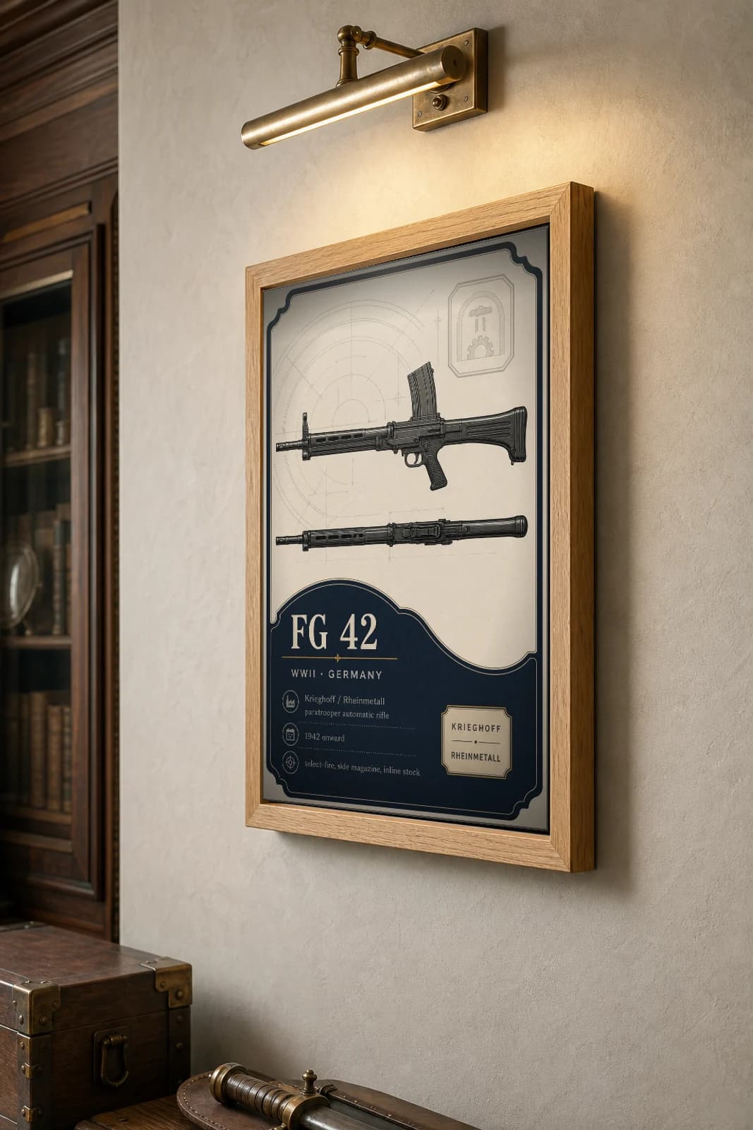 FG 42 Poster — WWII Armoury Specimen Print · framed A2 — the framed print shown at a three-quarter angle on a styled gallery wall in a natural-oak frame