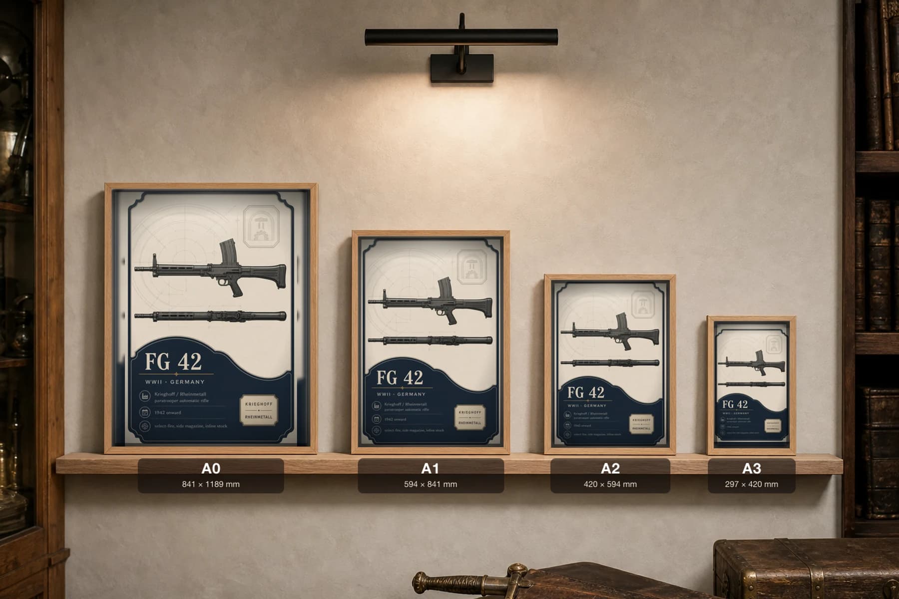 FG 42 Poster — WWII Armoury Specimen Print · framed A2 — print size guide showing the artwork at A0, A1, A2 and A3 in natural-oak frames at true relative scale