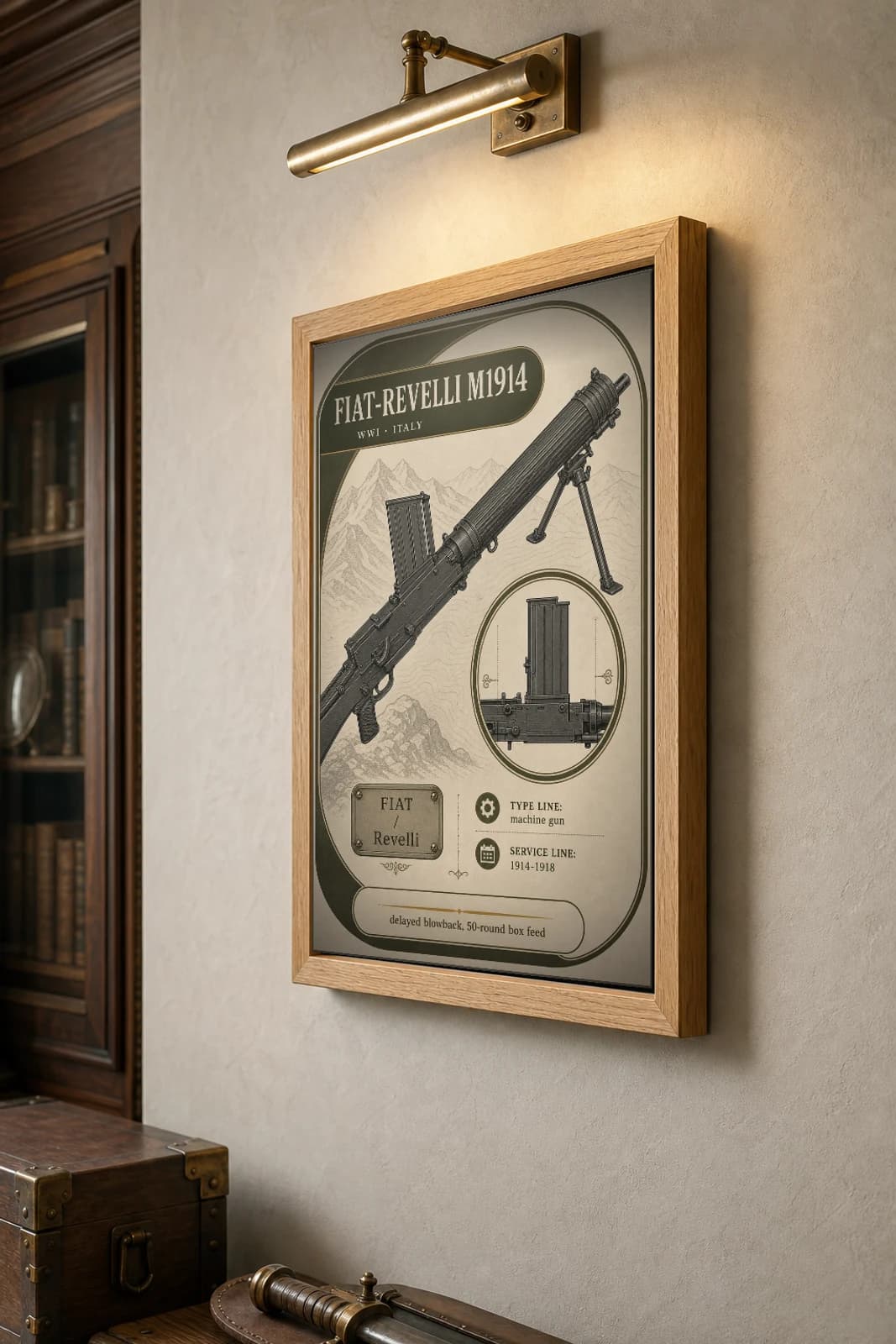 Fiat-Revelli M1914 Poster — WWI Armoury Specimen Print · framed A2 — the framed print shown at a three-quarter angle on a styled gallery wall in a natural-oak frame