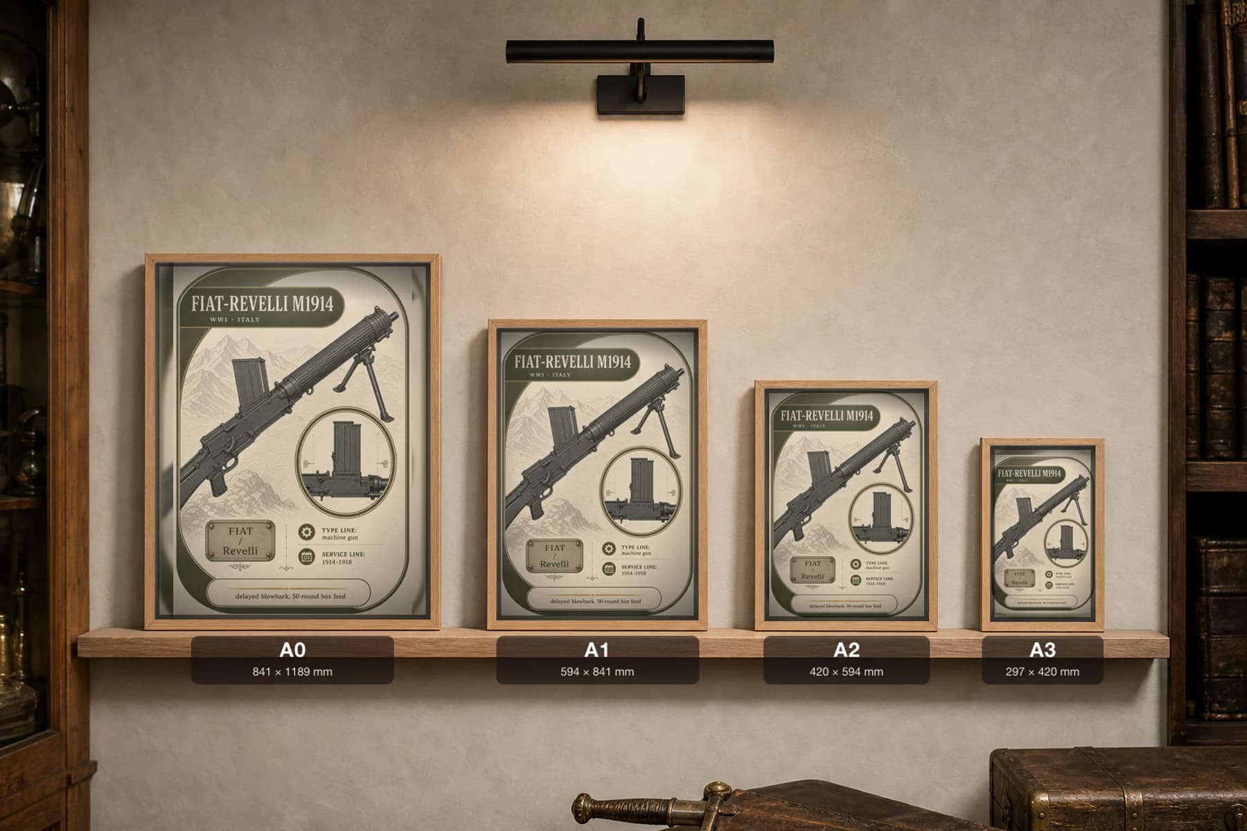 Fiat-Revelli M1914 Poster — WWI Armoury Specimen Print · framed A2 — print size guide showing the artwork at A0, A1, A2 and A3 in natural-oak frames at true relative scale