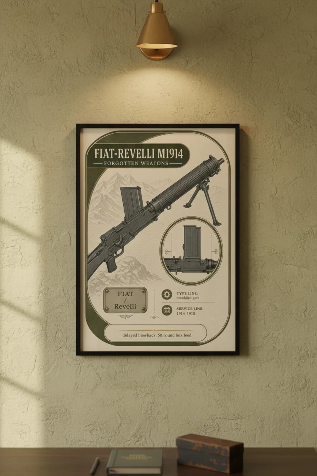 Fiat-Revelli M1914 — Forgotten Weapons poster in black A2 frame on fiat-revelli-m1914-armoury-wash armoury plaster wall — Forgotten Weapons study mockup