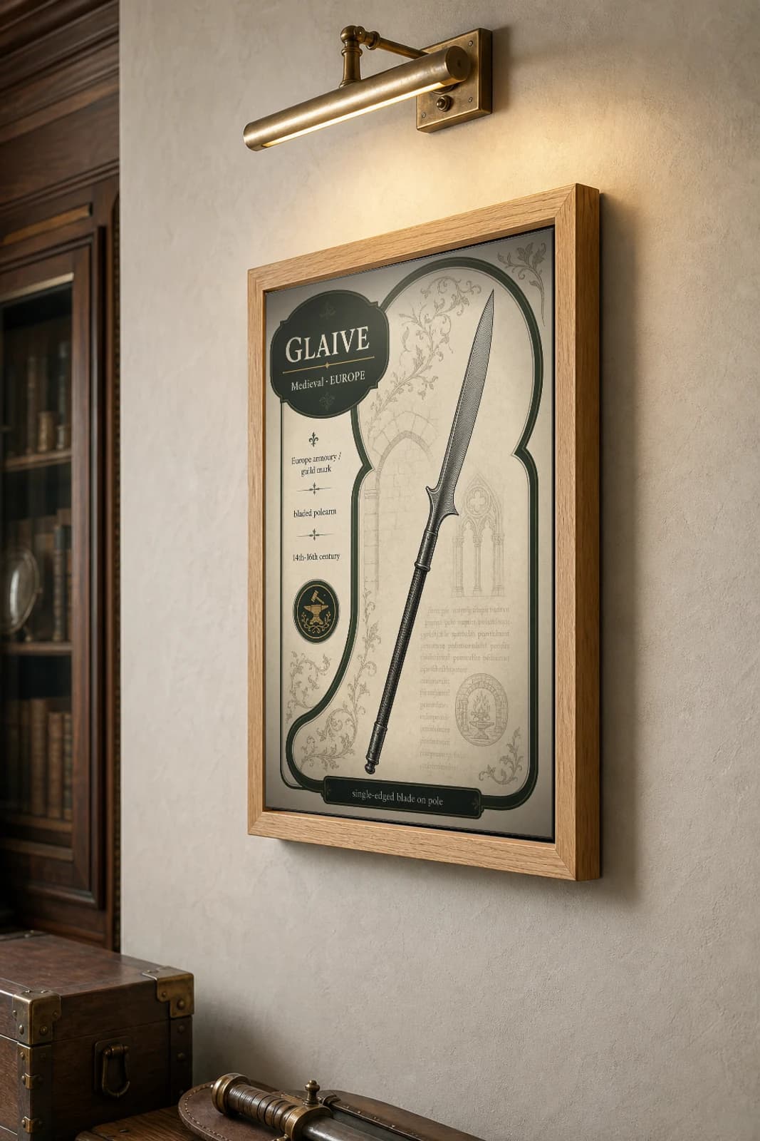 Glaive Poster — Medieval Armoury Specimen Print · framed A2 — the framed print shown at a three-quarter angle on a styled gallery wall in a natural-oak frame