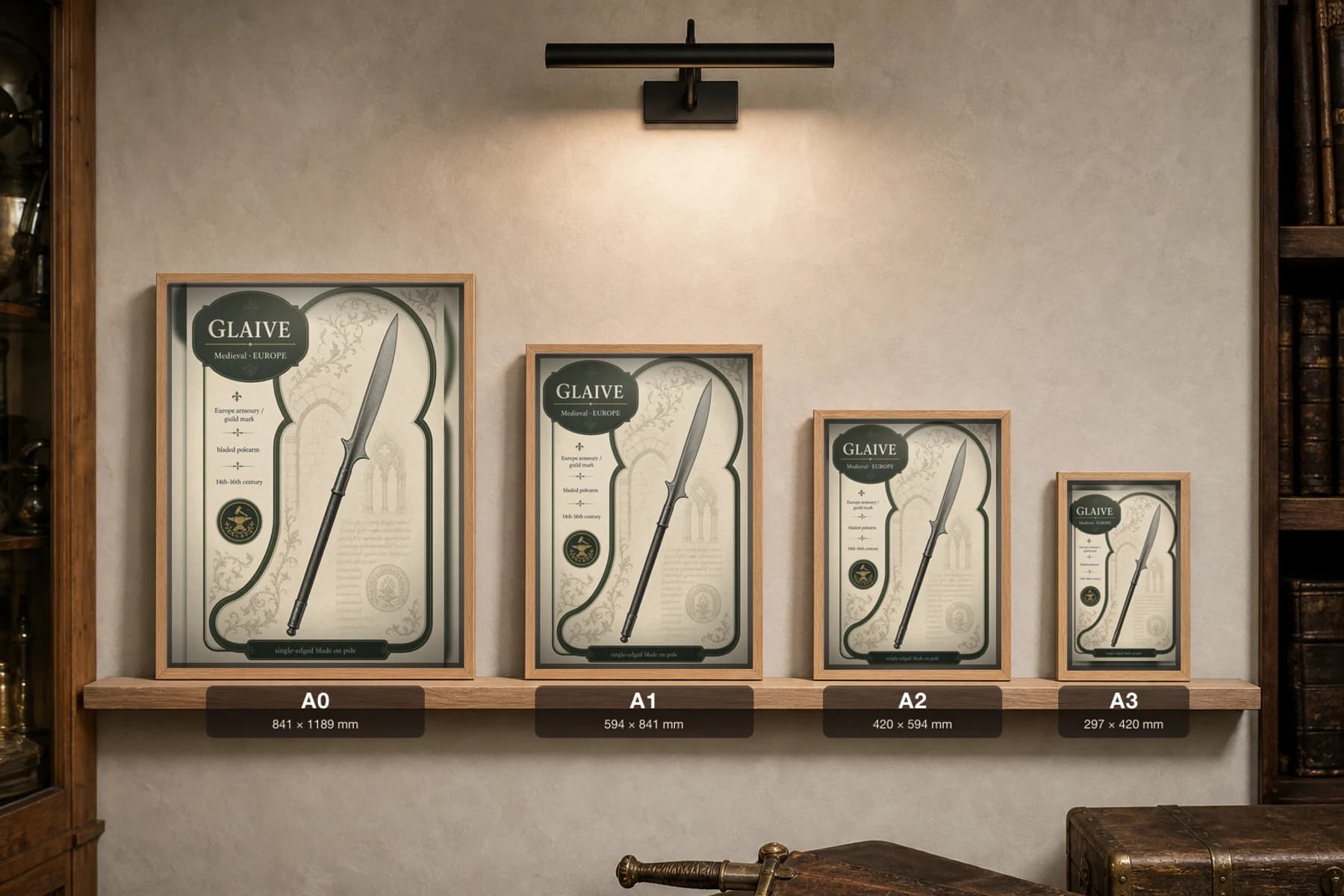 Glaive Poster — Medieval Armoury Specimen Print · framed A2 — print size guide showing the artwork at A0, A1, A2 and A3 in natural-oak frames at true relative scale