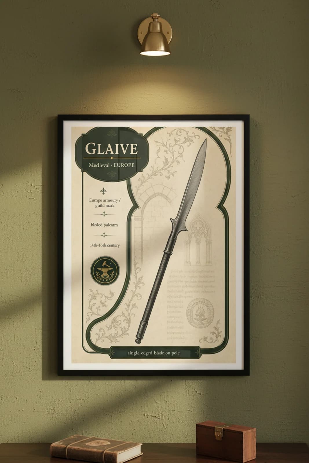 Glaive — Forgotten Weapons poster in black A2 frame on glaive-armoury-wash armoury plaster wall — Forgotten Weapons study mockup