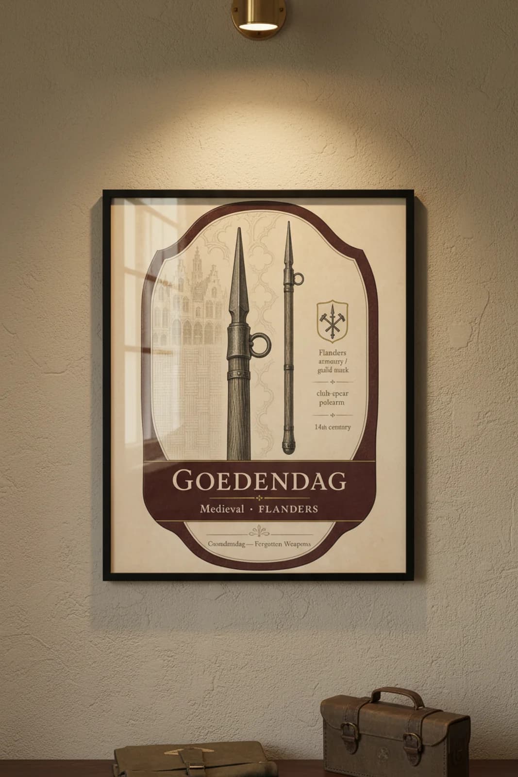 Goedendag — Forgotten Weapons poster in black A2 frame on goedendag-armoury-wash armoury plaster wall — Forgotten Weapons study mockup