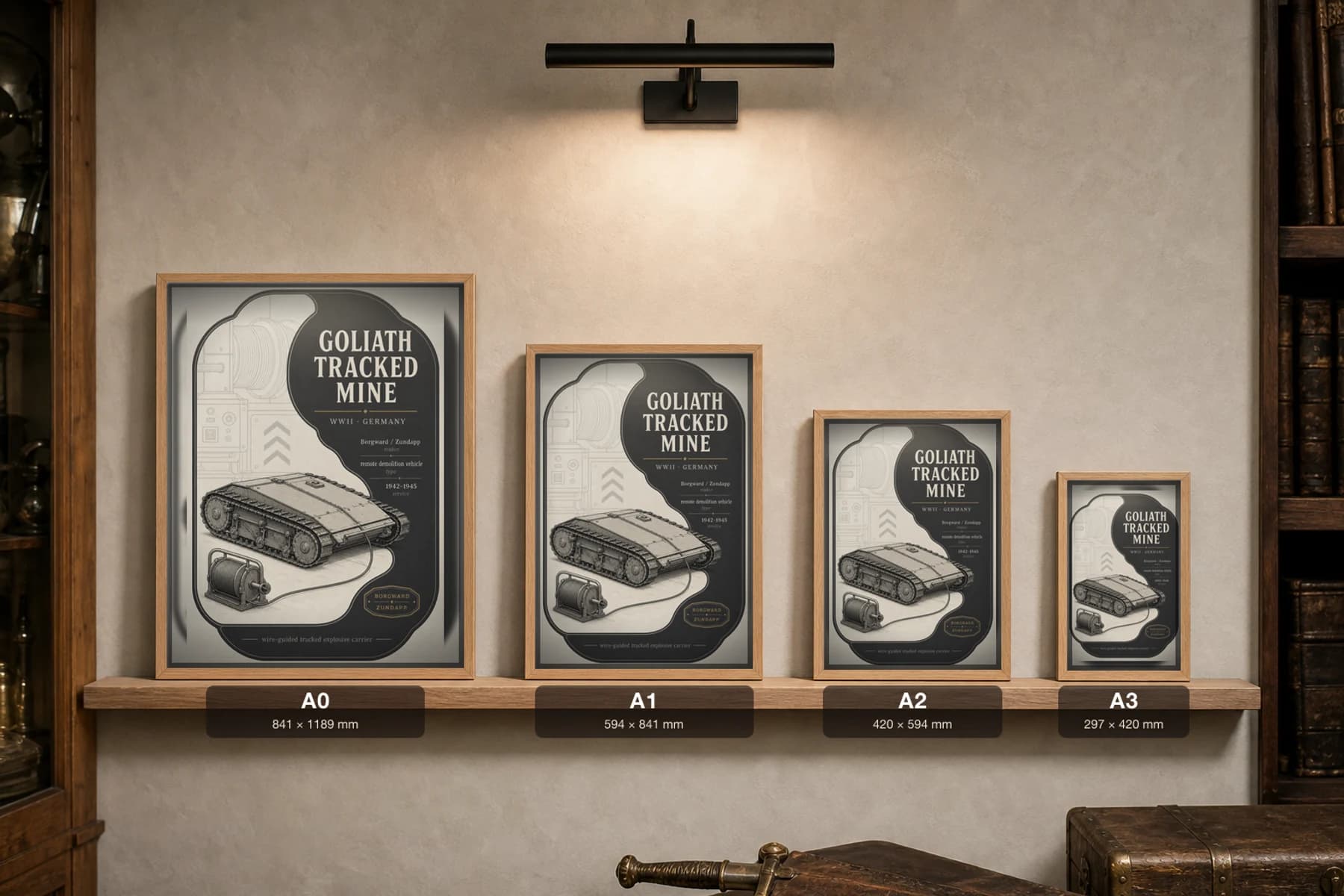 Goliath Tracked Mine Poster — WWII Armoury Specimen Print · framed A2 — print size guide showing the artwork at A0, A1, A2 and A3 in natural-oak frames at true relative scale