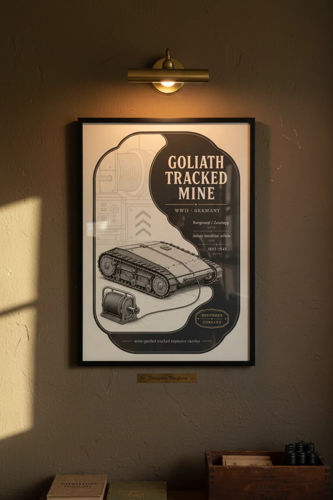 Goliath Tracked Mine — Forgotten Weapons poster in black A2 frame on goliath-tracked-mine-armoury-wash armoury plaster wall — Forgotten Weapons study mockup