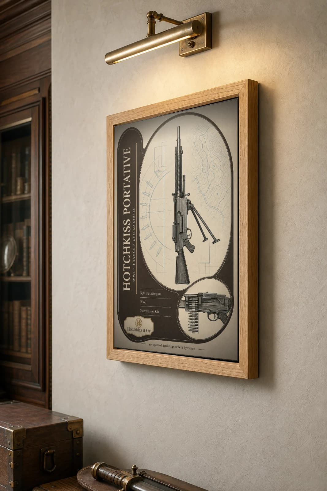 Hotchkiss Portative Poster — WWI Armoury Specimen Print · framed A2 — the framed print shown at a three-quarter angle on a styled gallery wall in a natural-oak frame