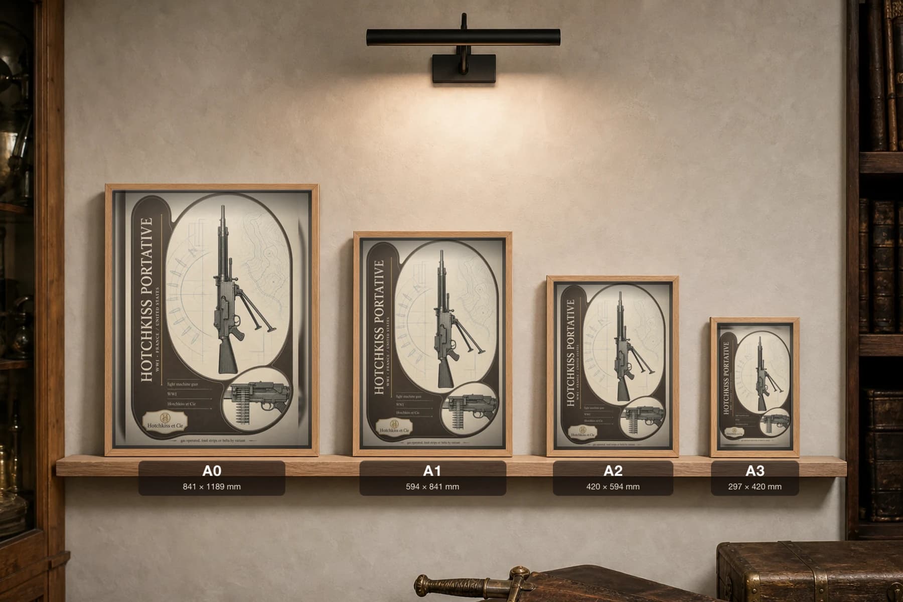 Hotchkiss Portative Poster — WWI Armoury Specimen Print · framed A2 — print size guide showing the artwork at A0, A1, A2 and A3 in natural-oak frames at true relative scale