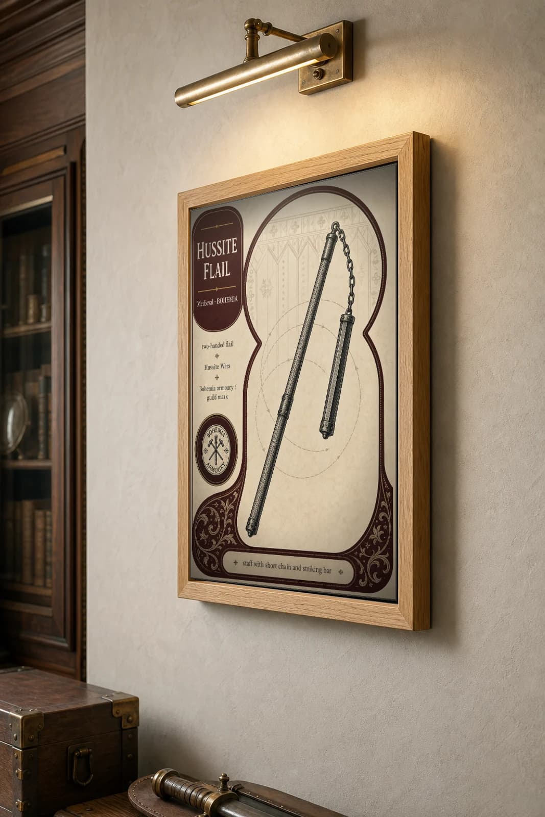 Hussite Flail Poster — Medieval Armoury Specimen Print · framed A2 — the framed print shown at a three-quarter angle on a styled gallery wall in a natural-oak frame