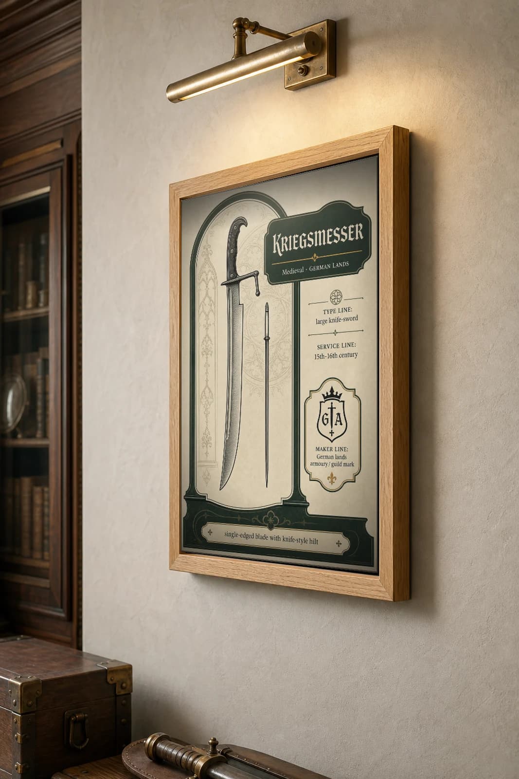 Kriegsmesser Poster — Medieval Armoury Specimen Print · framed A2 — the framed print shown at a three-quarter angle on a styled gallery wall in a natural-oak frame