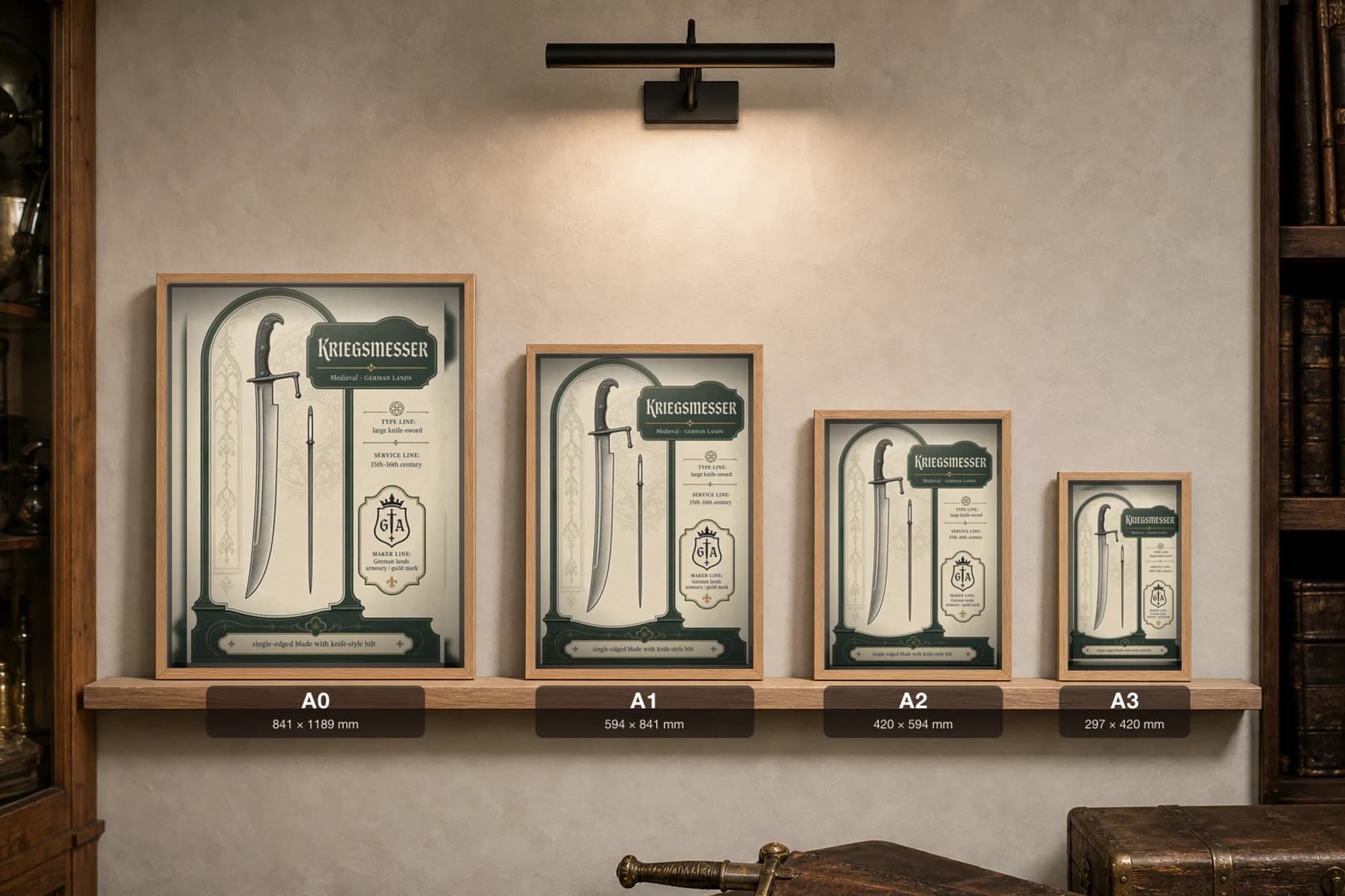 Kriegsmesser Poster — Medieval Armoury Specimen Print · framed A2 — print size guide showing the artwork at A0, A1, A2 and A3 in natural-oak frames at true relative scale