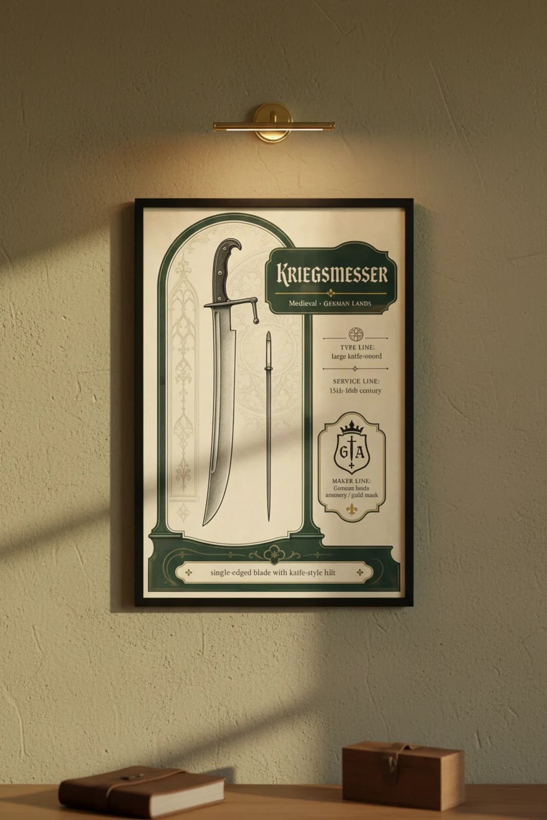 Kriegsmesser — Forgotten Weapons poster in black A2 frame on kriegsmesser-armoury-wash armoury plaster wall — Forgotten Weapons study mockup