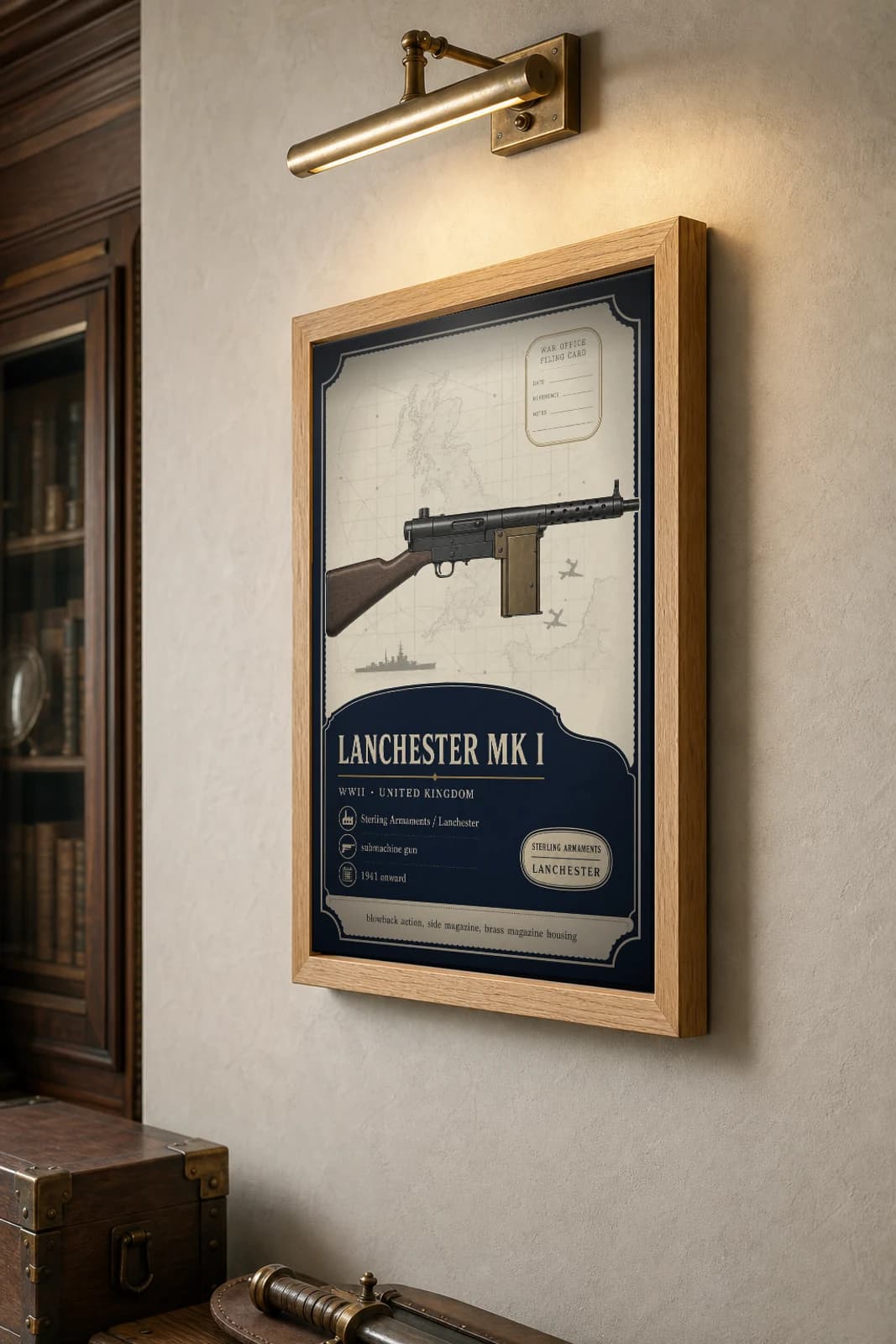 Lanchester Mk I Poster — WWII Armoury Specimen Print · framed A2 — the framed print shown at a three-quarter angle on a styled gallery wall in a natural-oak frame