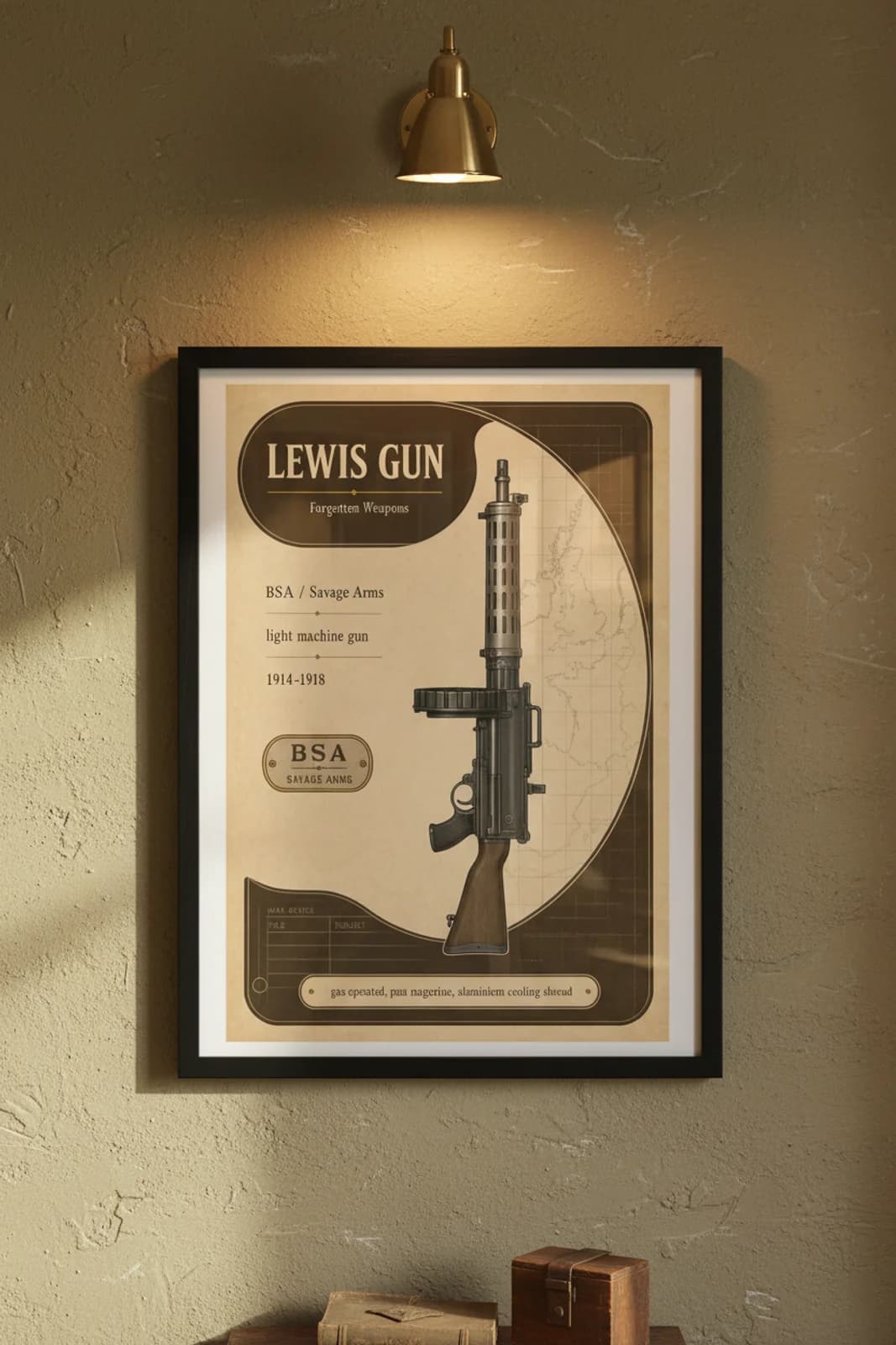 Lewis Gun — Forgotten Weapons poster in black A2 frame on lewis-gun-armoury-wash armoury plaster wall — Forgotten Weapons study mockup