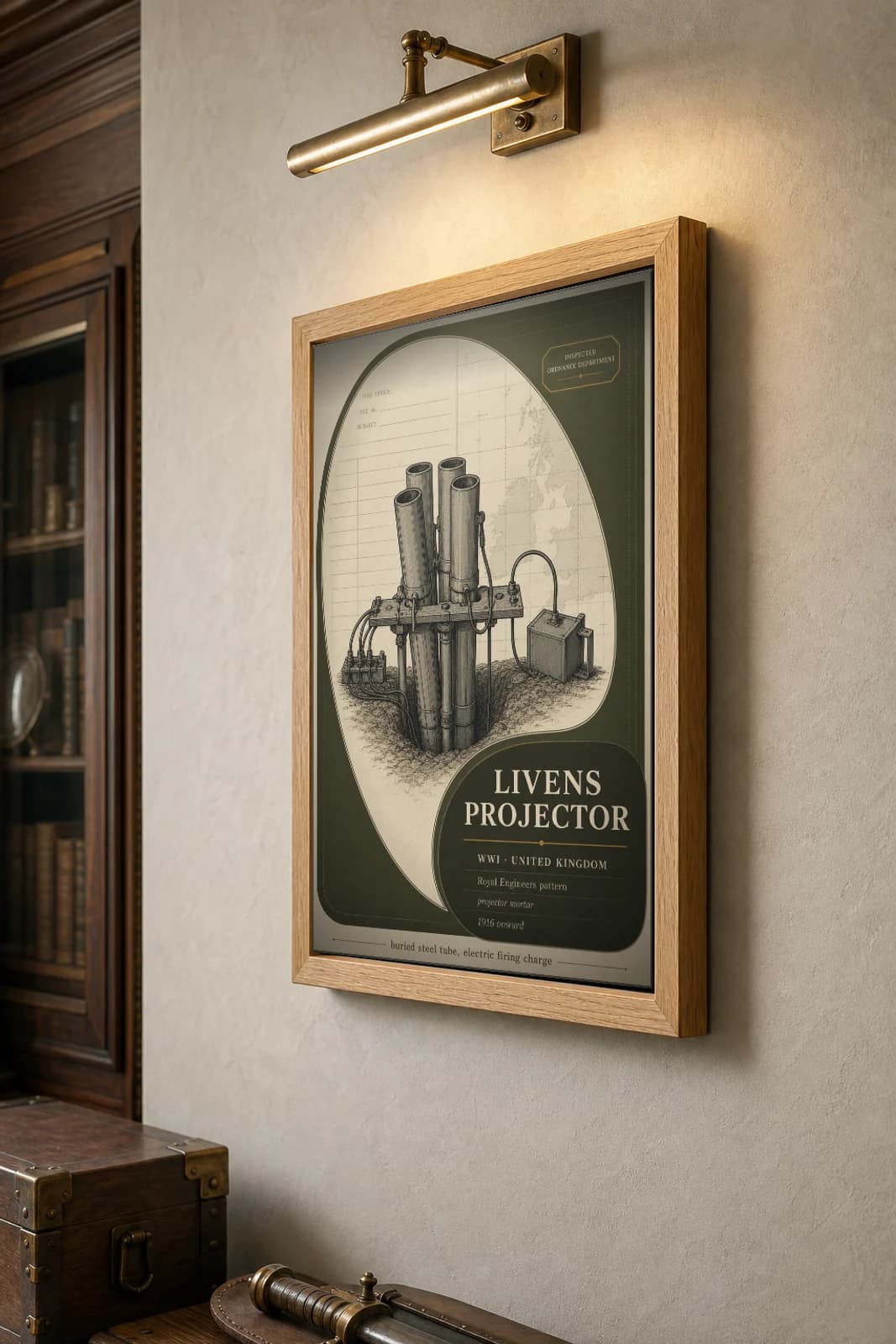 Livens Projector Poster — WWI Armoury Specimen Print · framed A2 — the framed print shown at a three-quarter angle on a styled gallery wall in a natural-oak frame