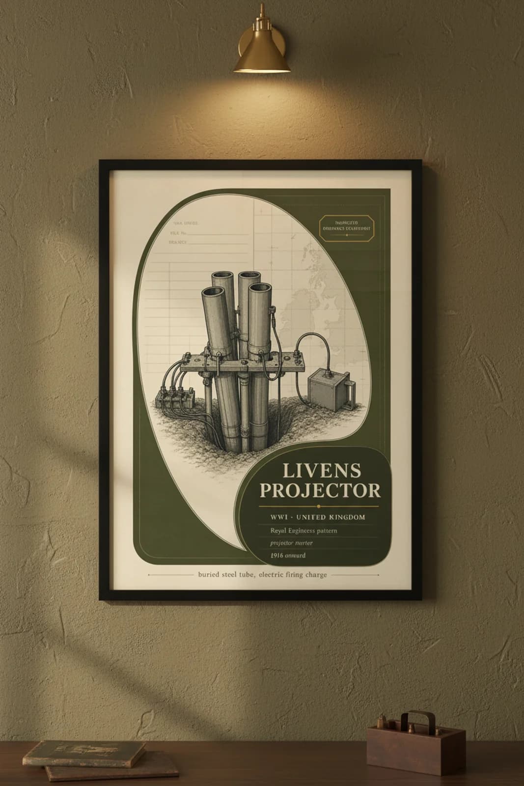 Livens Projector — Forgotten Weapons poster in black A2 frame on livens-projector-armoury-wash armoury plaster wall — Forgotten Weapons study mockup