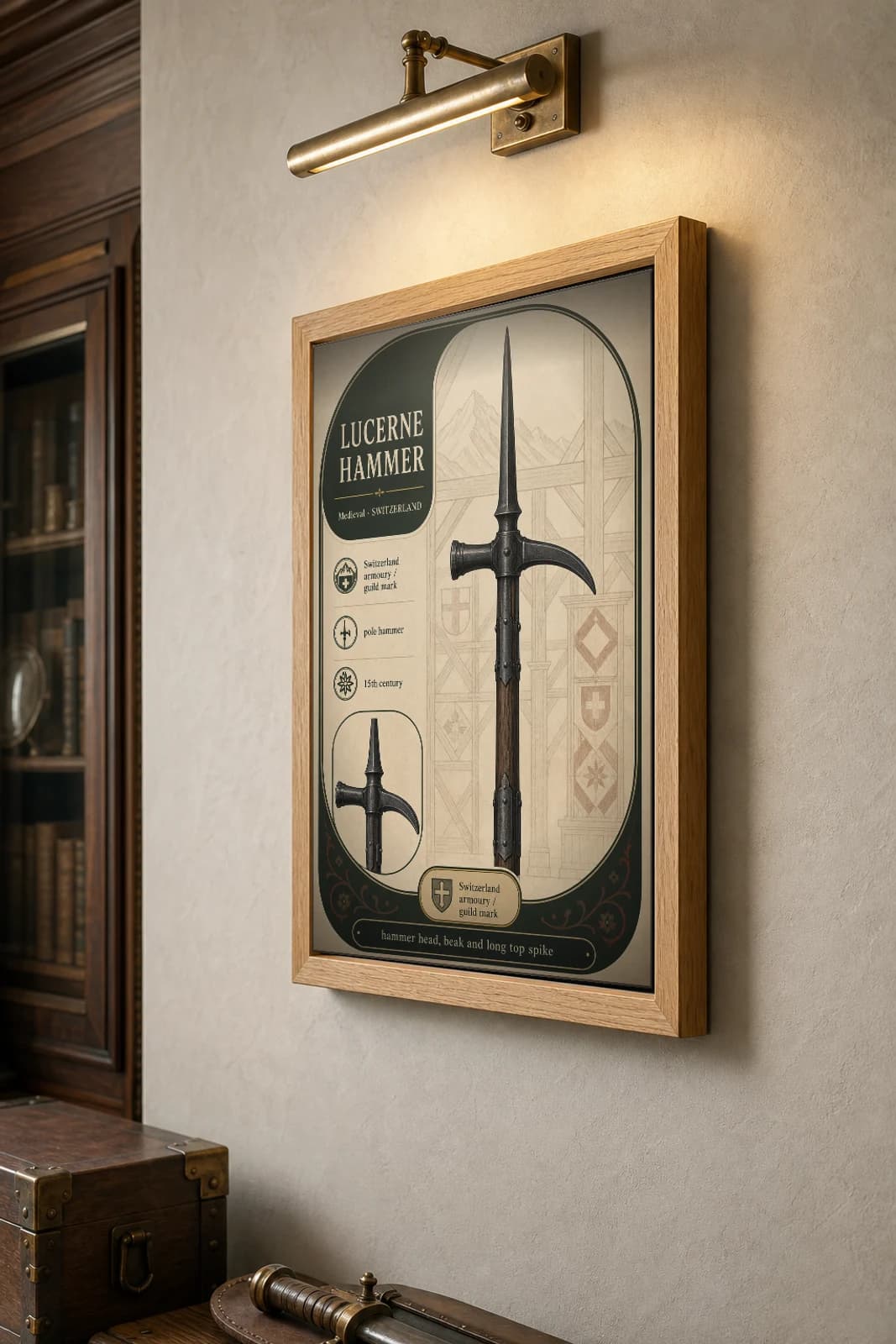Lucerne Hammer Poster — Medieval Armoury Specimen Print · framed A2 — the framed print shown at a three-quarter angle on a styled gallery wall in a natural-oak frame